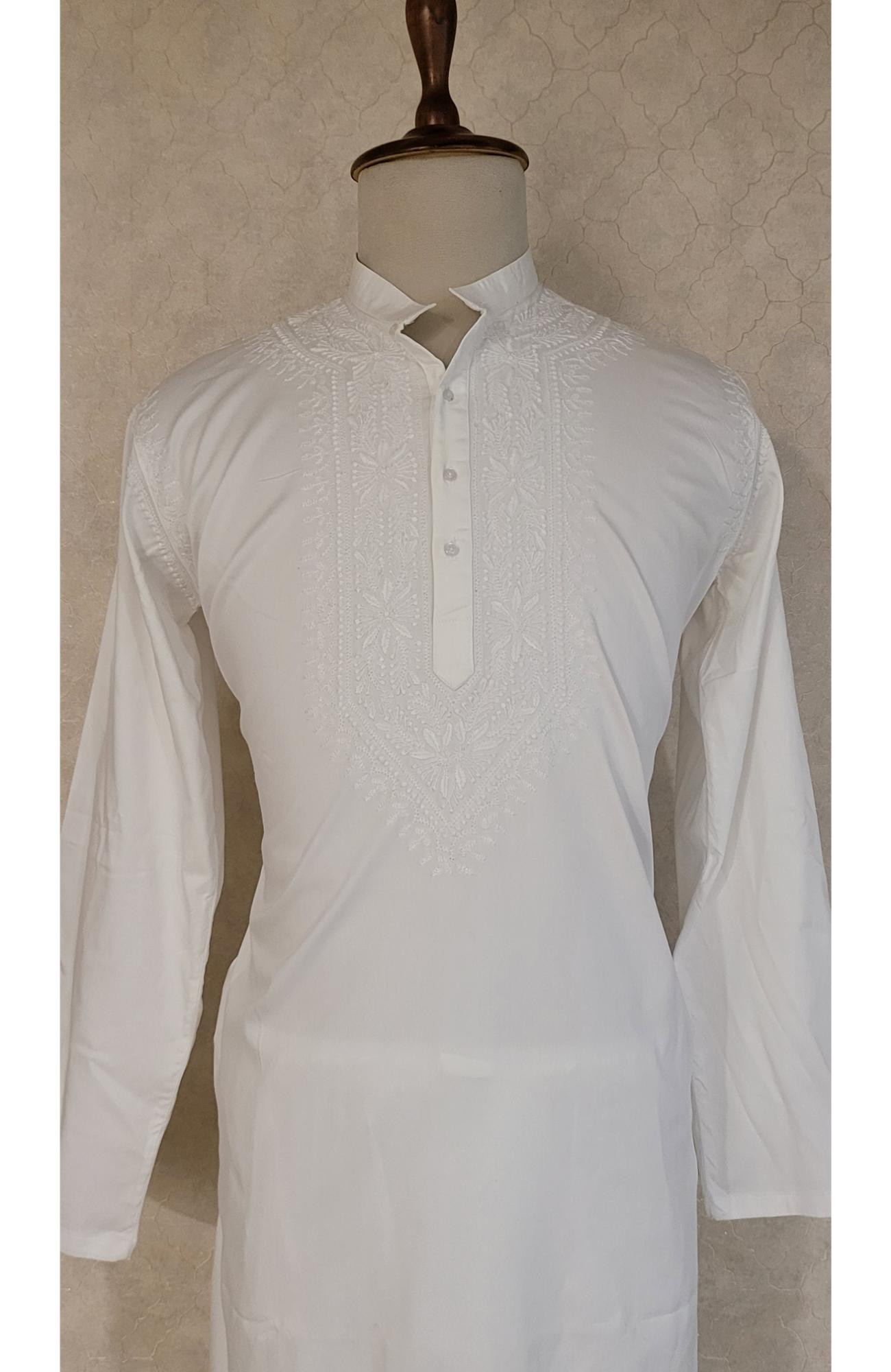 White Lycra Cotton Chikankari Kurta