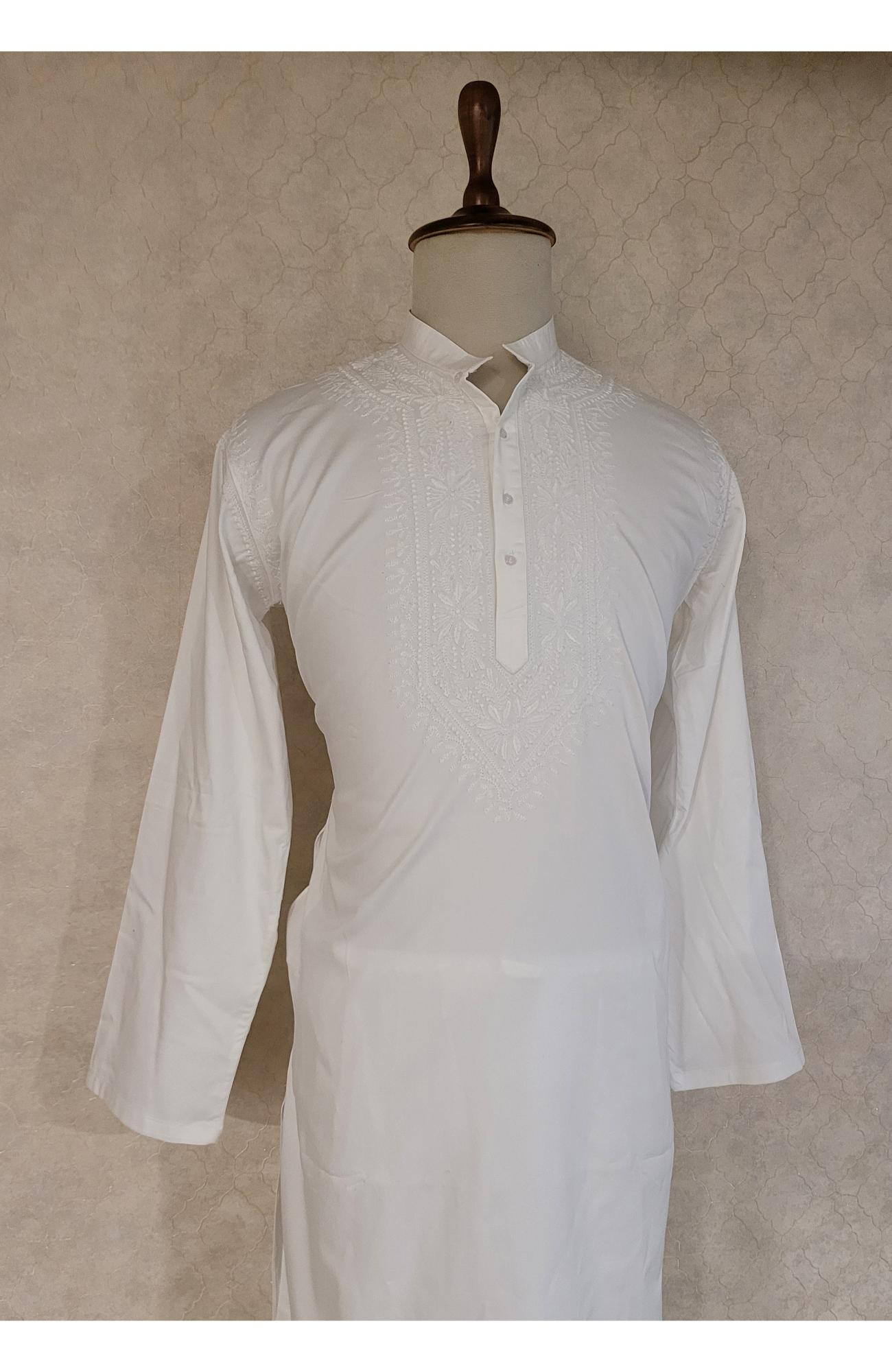 White Lycra Cotton Chikankari Kurta