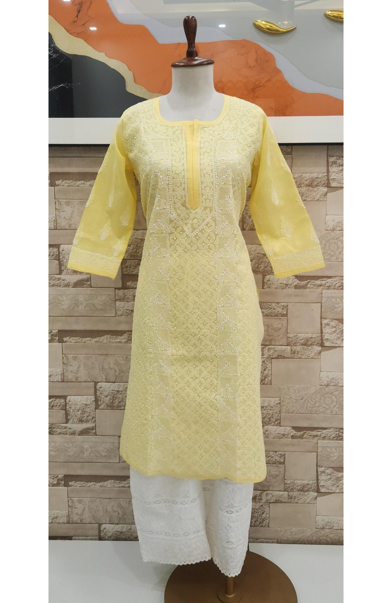 Yellow Cotton  Hand Embroidered Chikankari Kurti