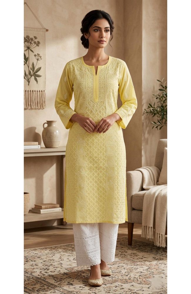 Image of Yellow Cotton  Hand Embroidered Chikankari Kurti