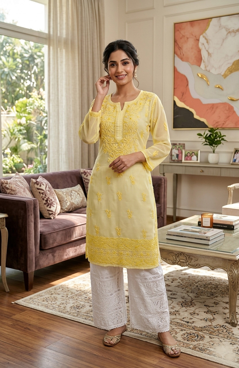 Yellow Cotton  Hand Embroidered Chikankari Kurti
