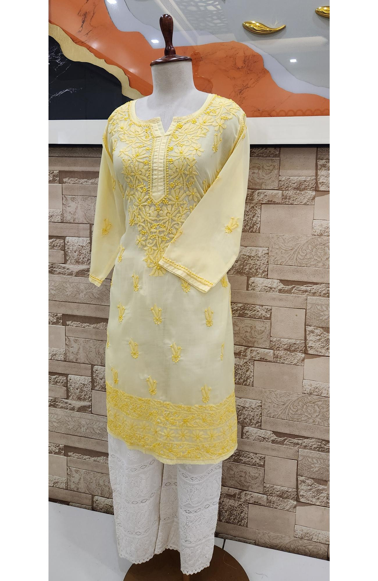 Yellow Cotton  Hand Embroidered Chikankari Kurti