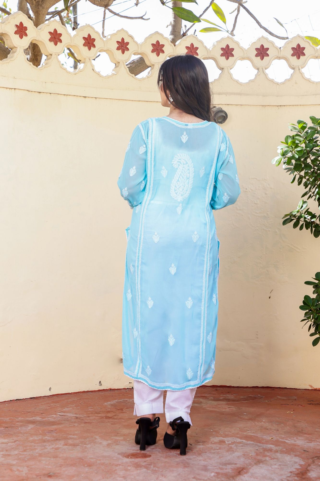 Firozi Blue Semi Georgette Stitched kurti