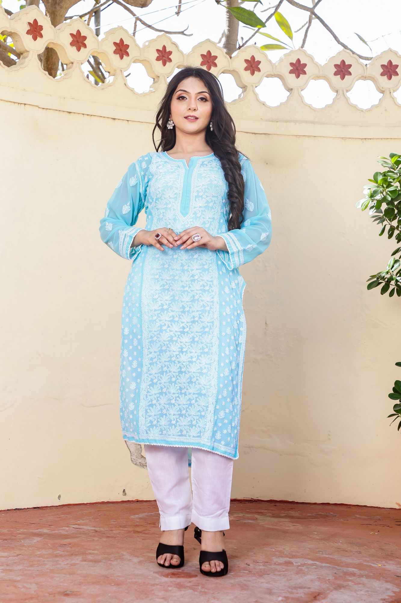 Firozi Blue Semi Georgette Stitched kurti