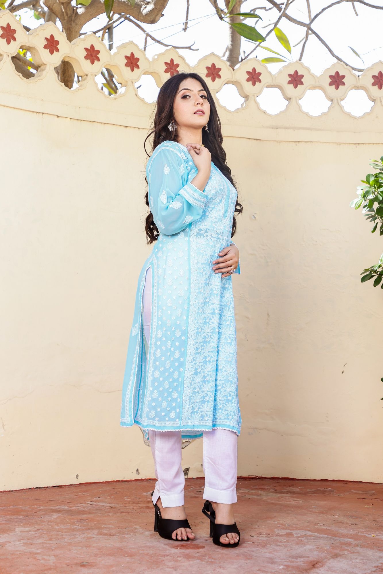 Firozi Blue Semi Georgette Stitched kurti