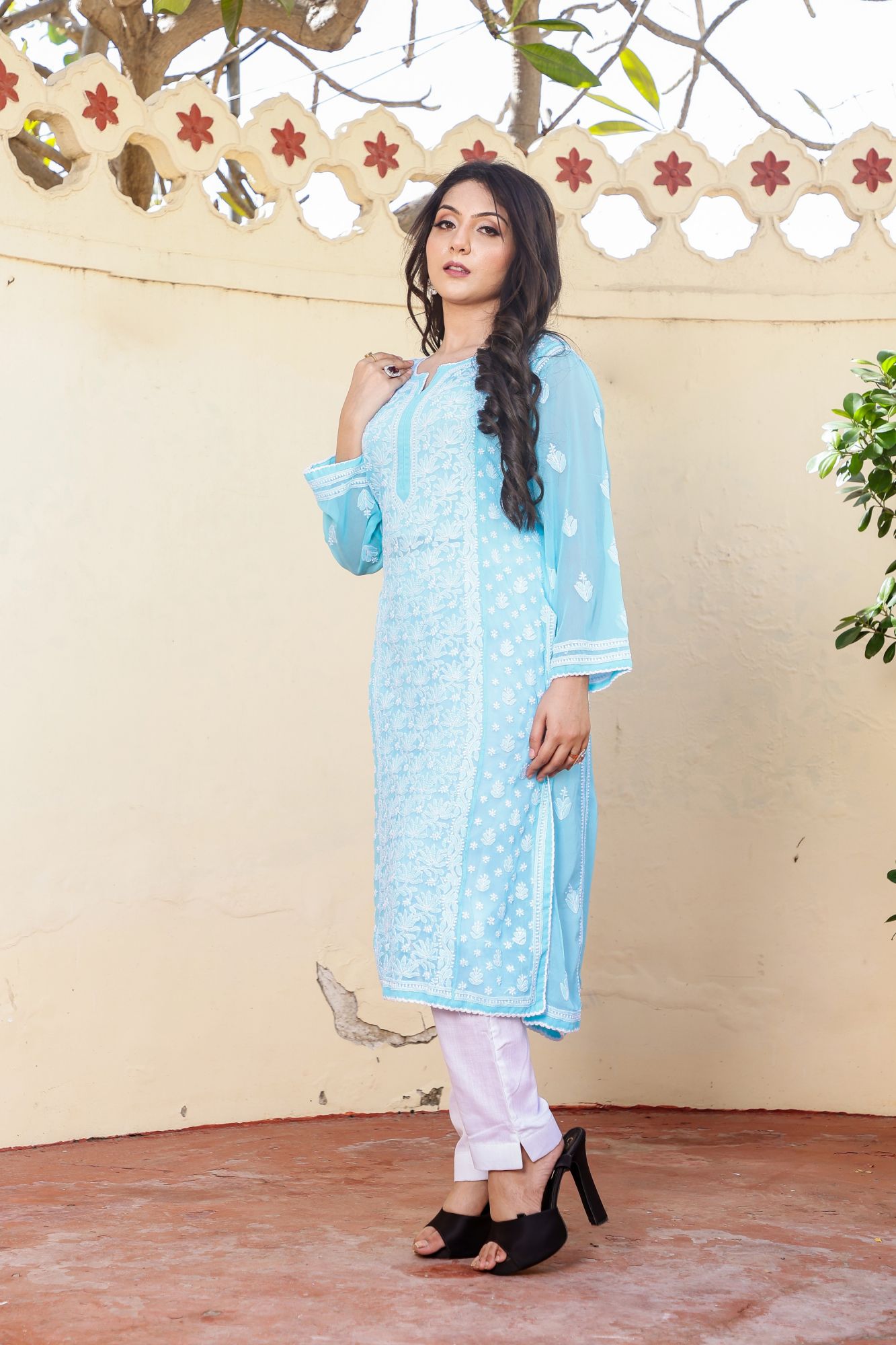 Firozi Blue Semi Georgette Stitched kurti