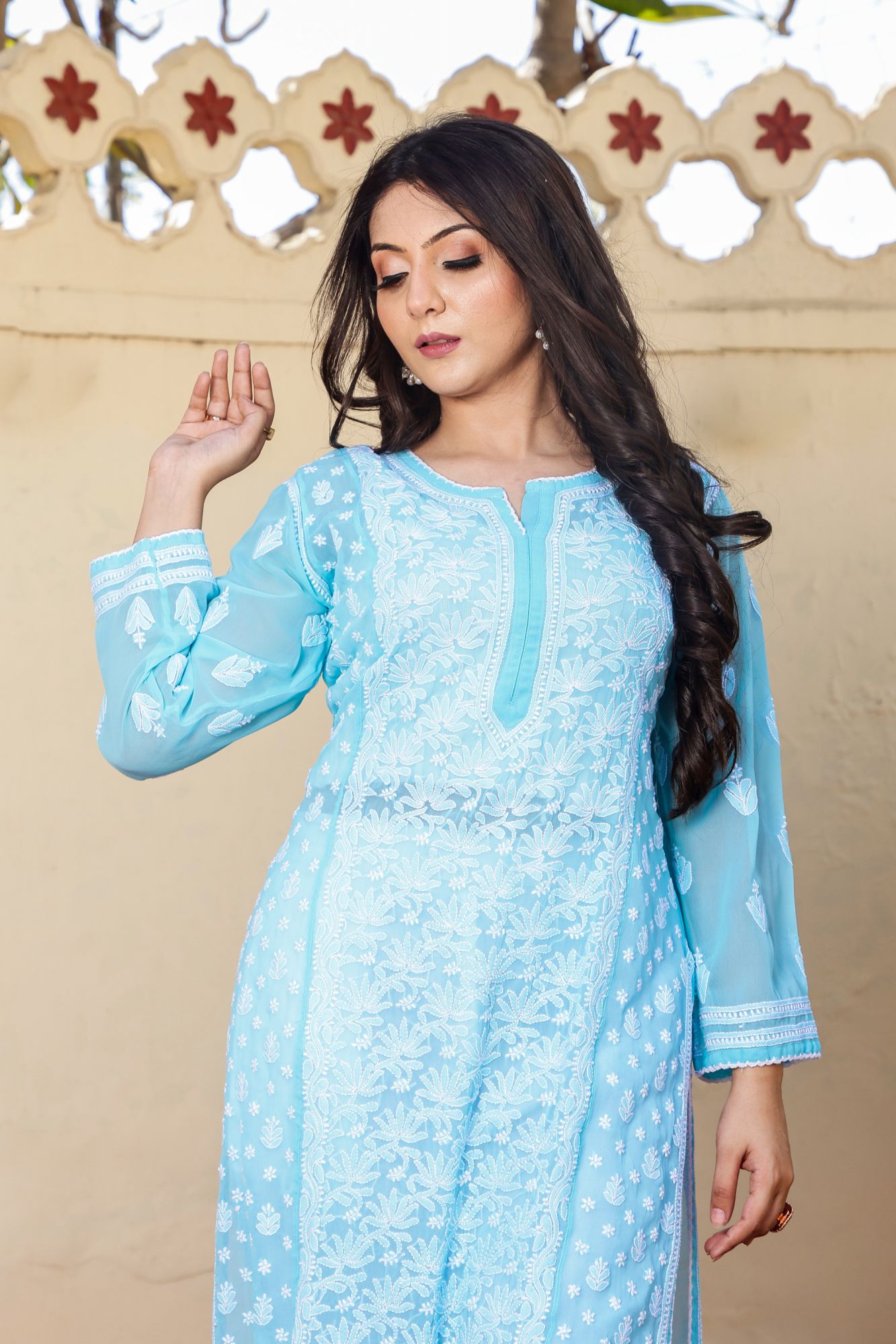 Firozi Blue Semi Georgette Stitched kurti