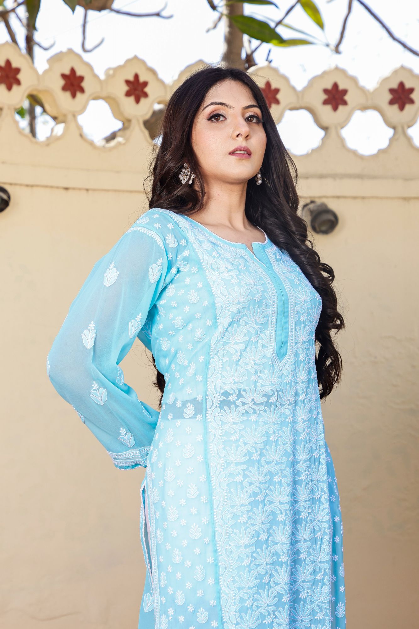 Firozi Blue Semi Georgette Stitched kurti