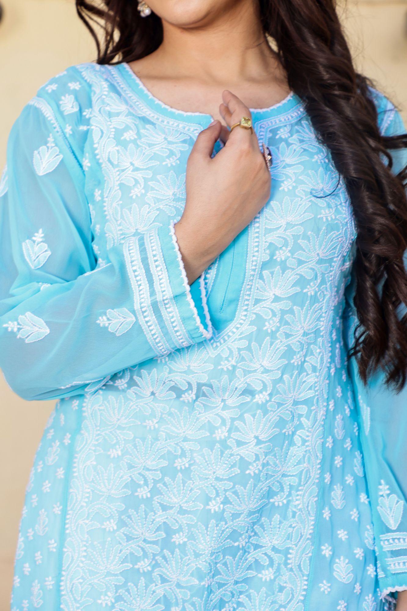 Firozi Blue Semi Georgette Stitched kurti
