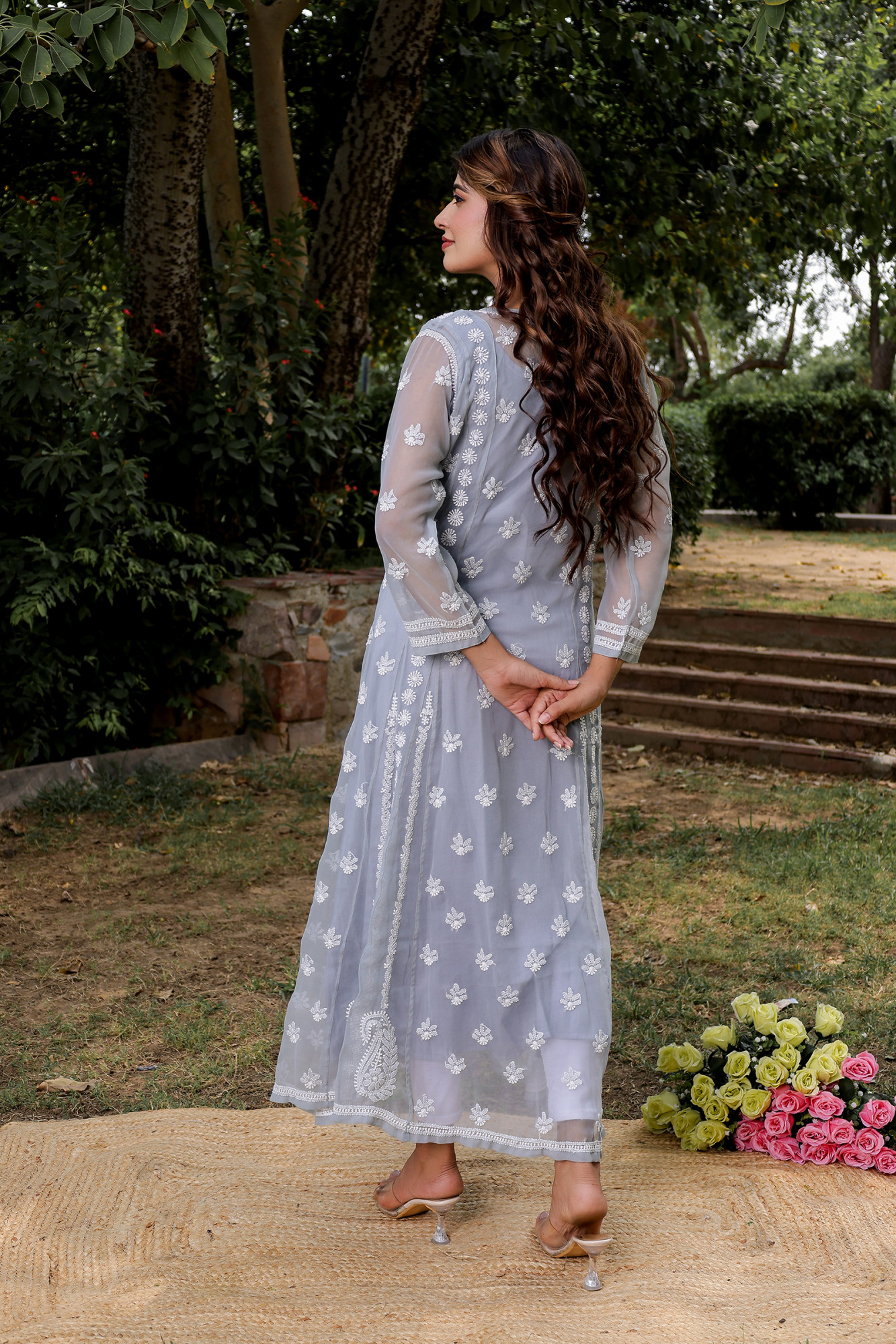 Grey Georgette A line Kurti with Front and Back full work
