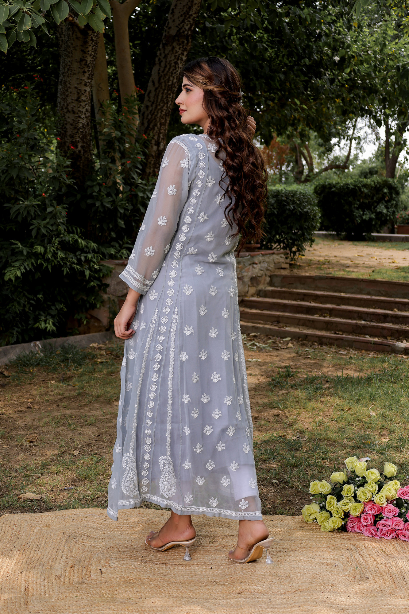 Grey Georgette A line Kurti with Front and Back full work