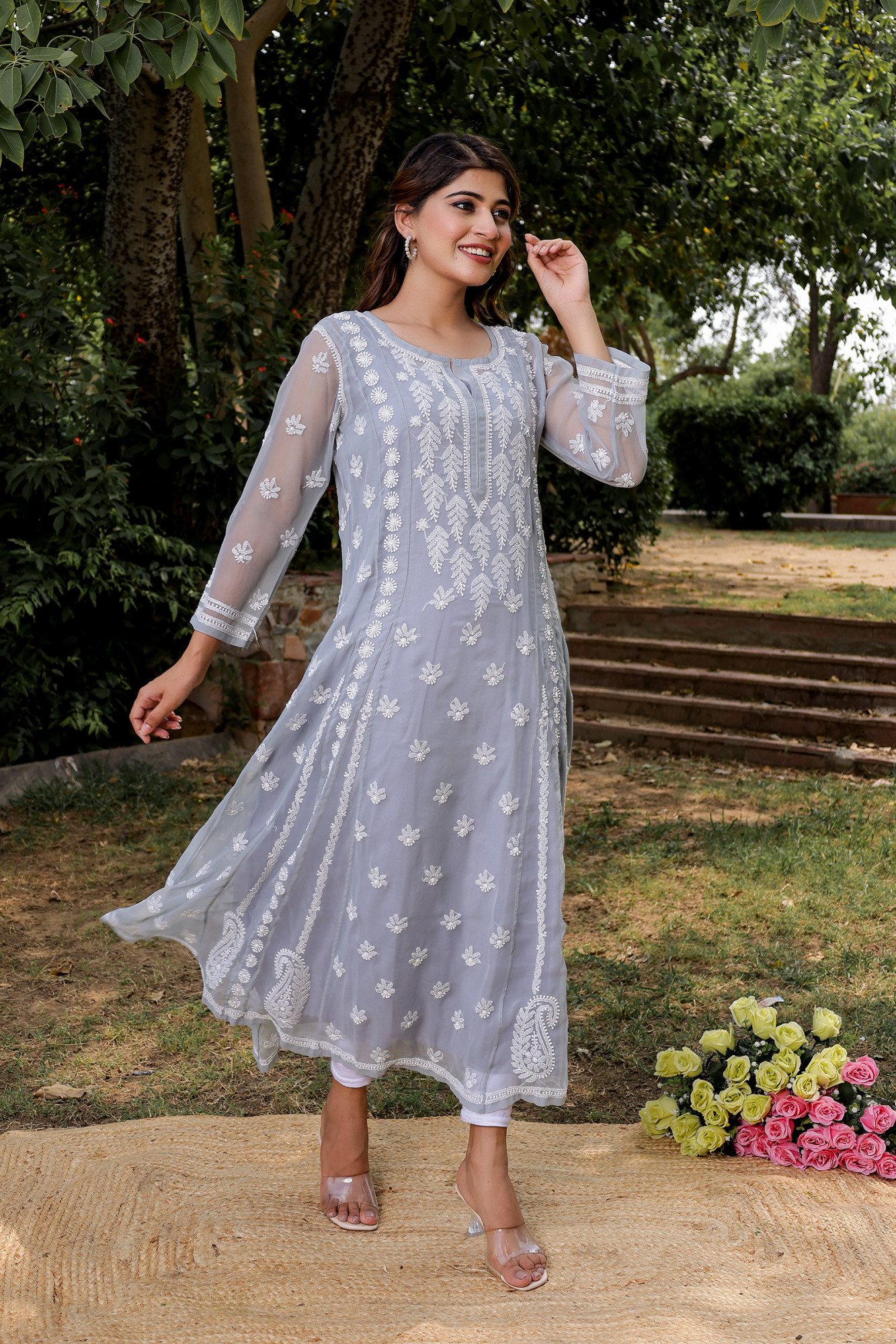 Grey Georgette A line Kurti with Front and Back full work