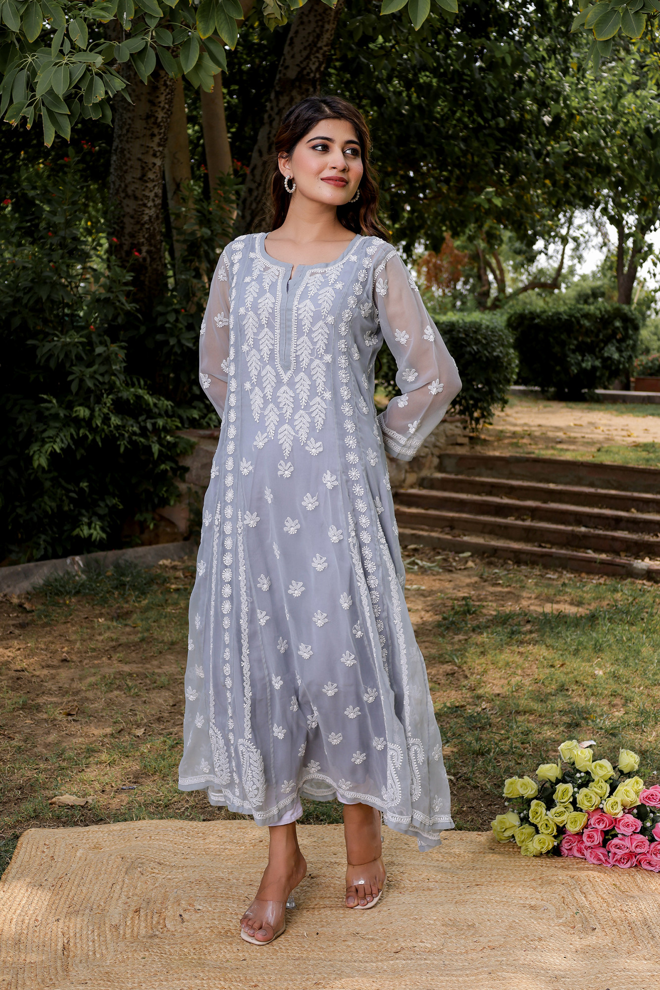 Grey Georgette A line Kurti with Front and Back full work