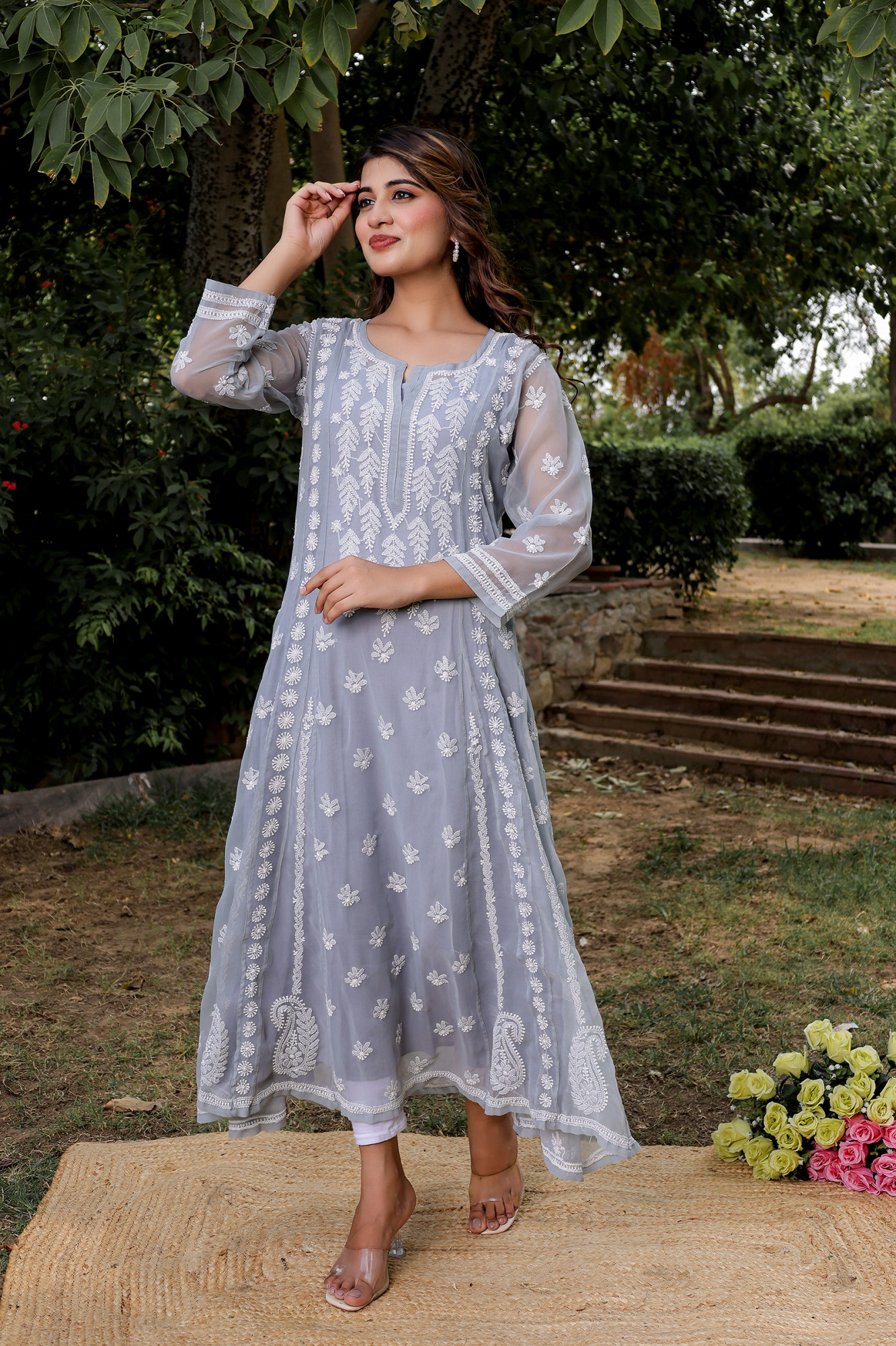 Grey Georgette A line Kurti with Front and Back full work