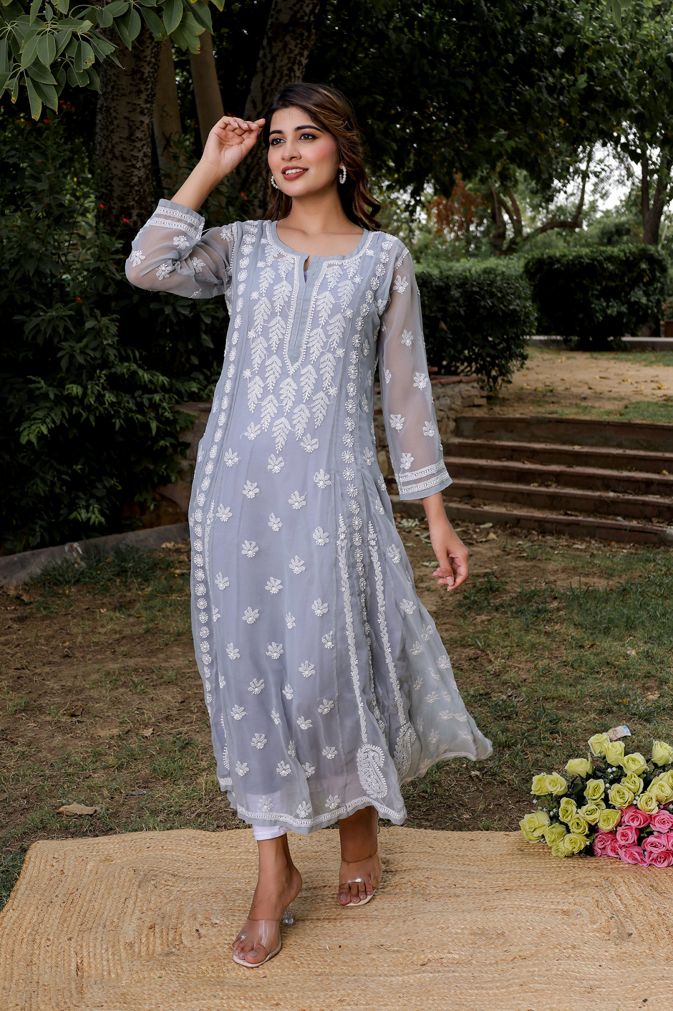 Grey Georgette A line Kurti with Front and Back full work