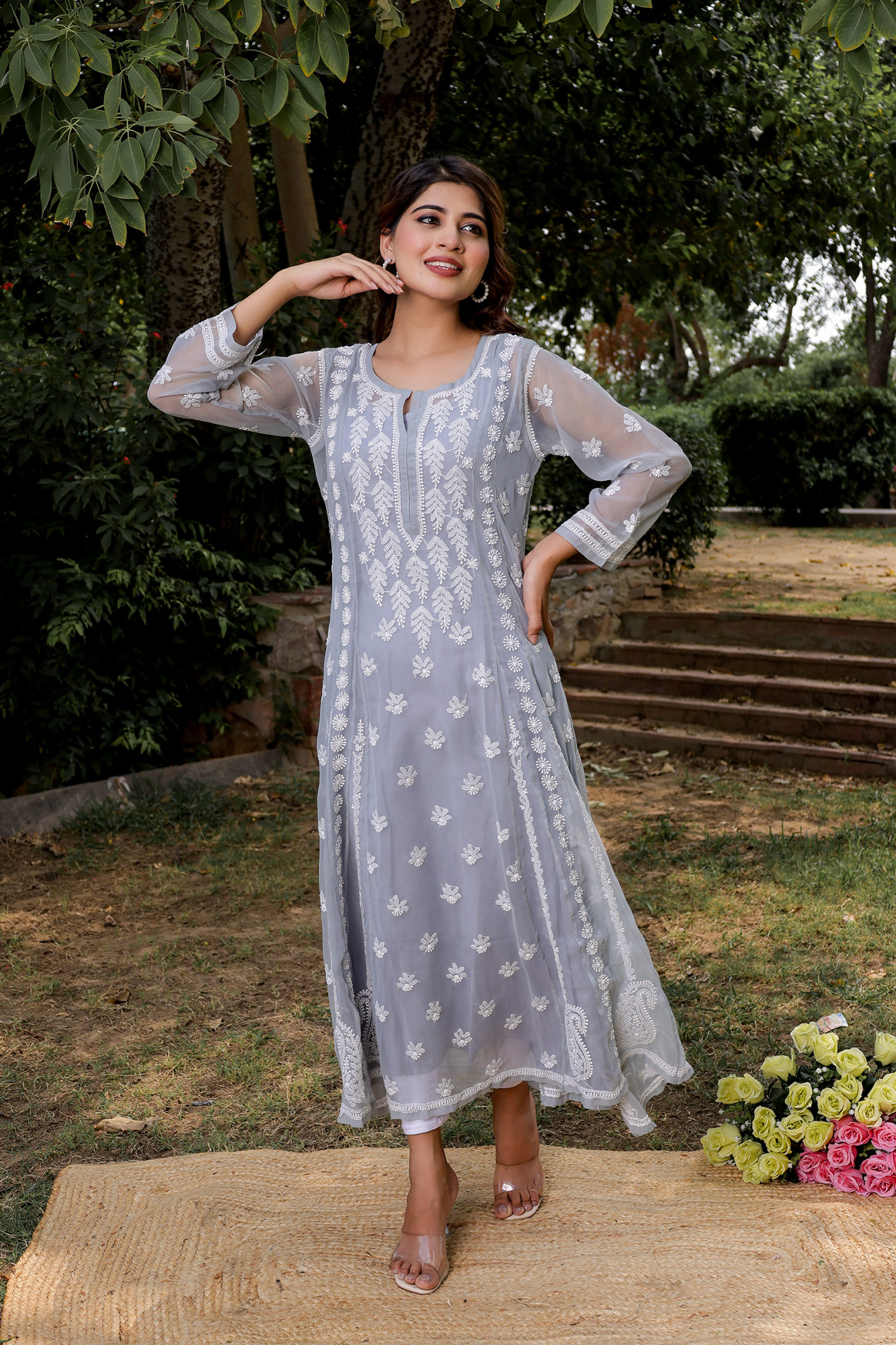 Grey Georgette A line Kurti with Front and Back full work