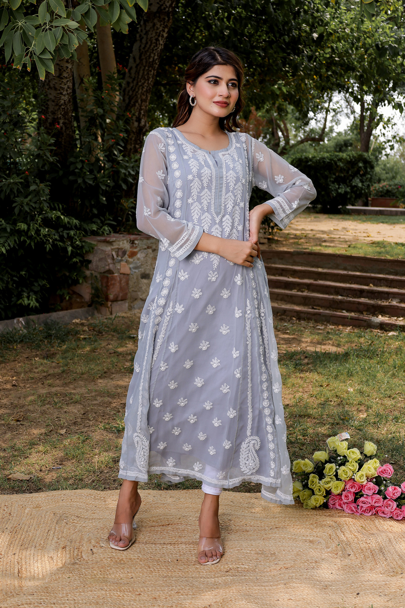 Grey Georgette A line Kurti with Front and Back full work