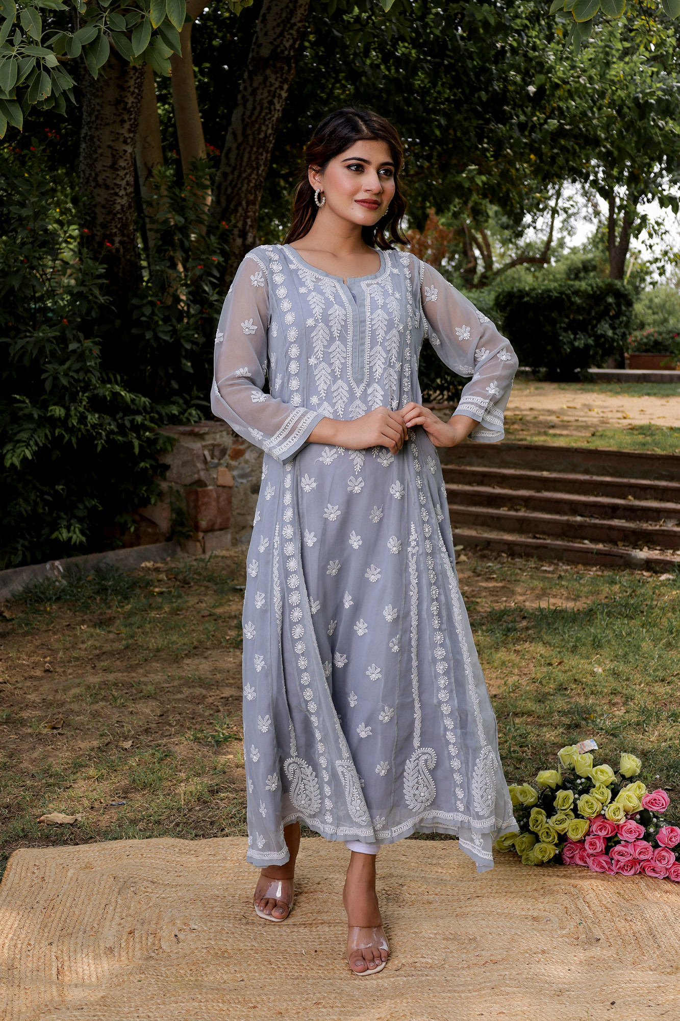 Grey Georgette A line Kurti with Front and Back full work