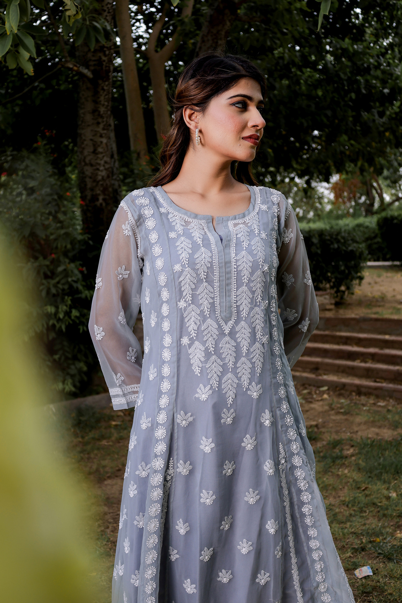 Grey Georgette A line Kurti with Front and Back full work