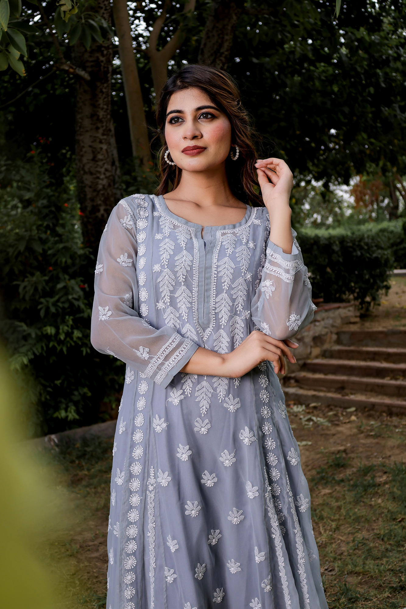 Grey Georgette A line Kurti with Front and Back full work