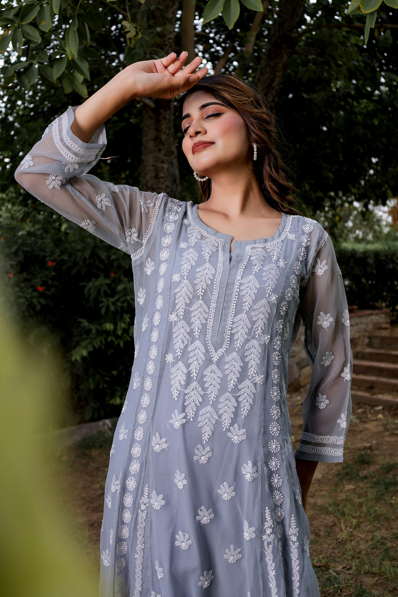 Grey Georgette A line Kurti with Front and Back full work