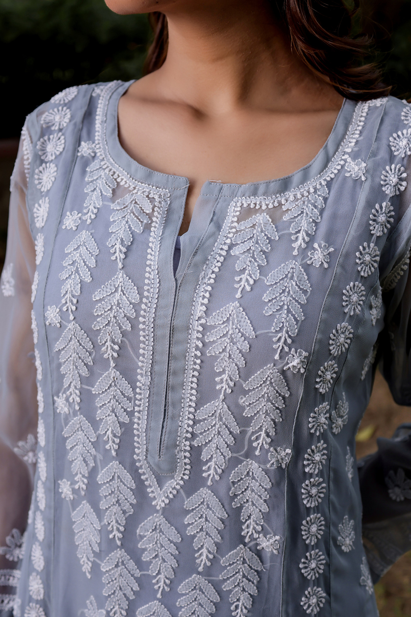 Grey Georgette A line Kurti with Front and Back full work