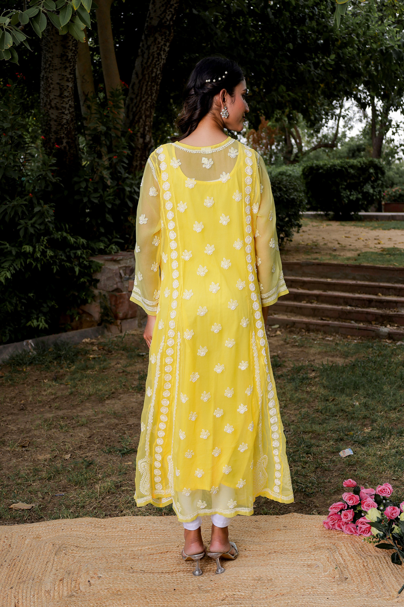 Mango Yellow Georgette A line kurta with Front Back Full work