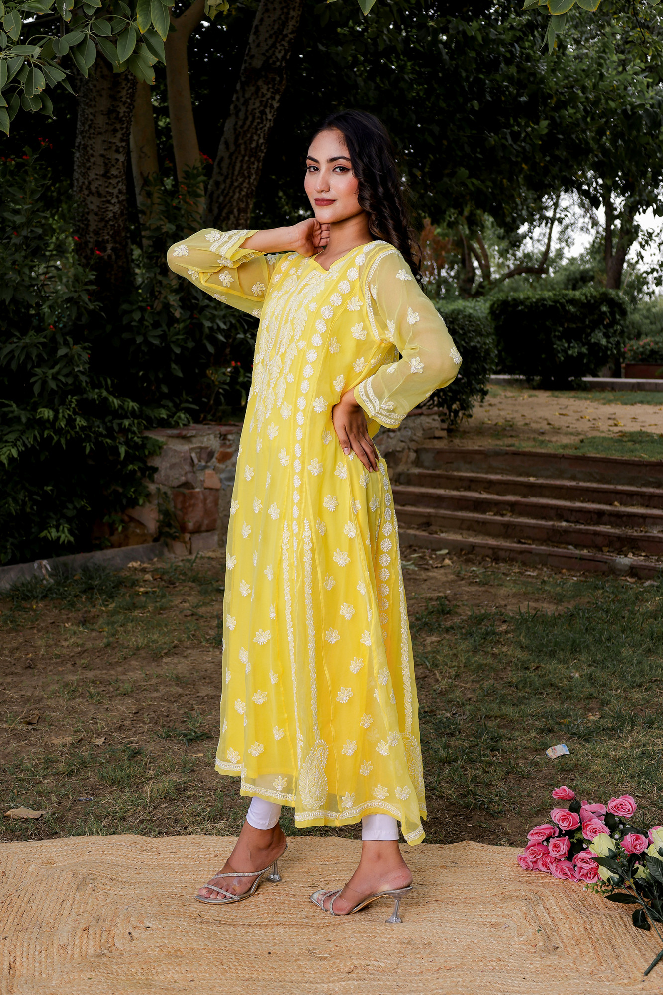 Mango Yellow Georgette A line kurta with Front Back Full work