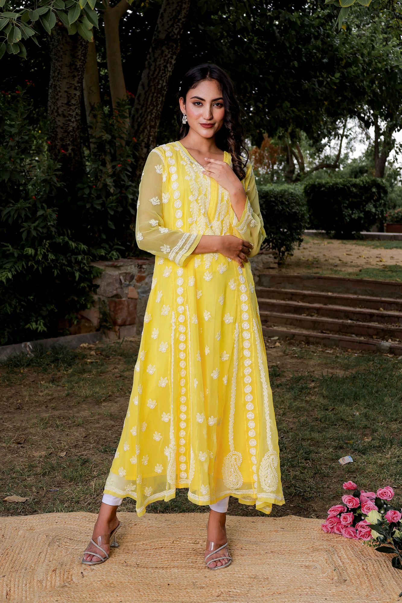 Mango Yellow Georgette A line kurta with Front Back Full work