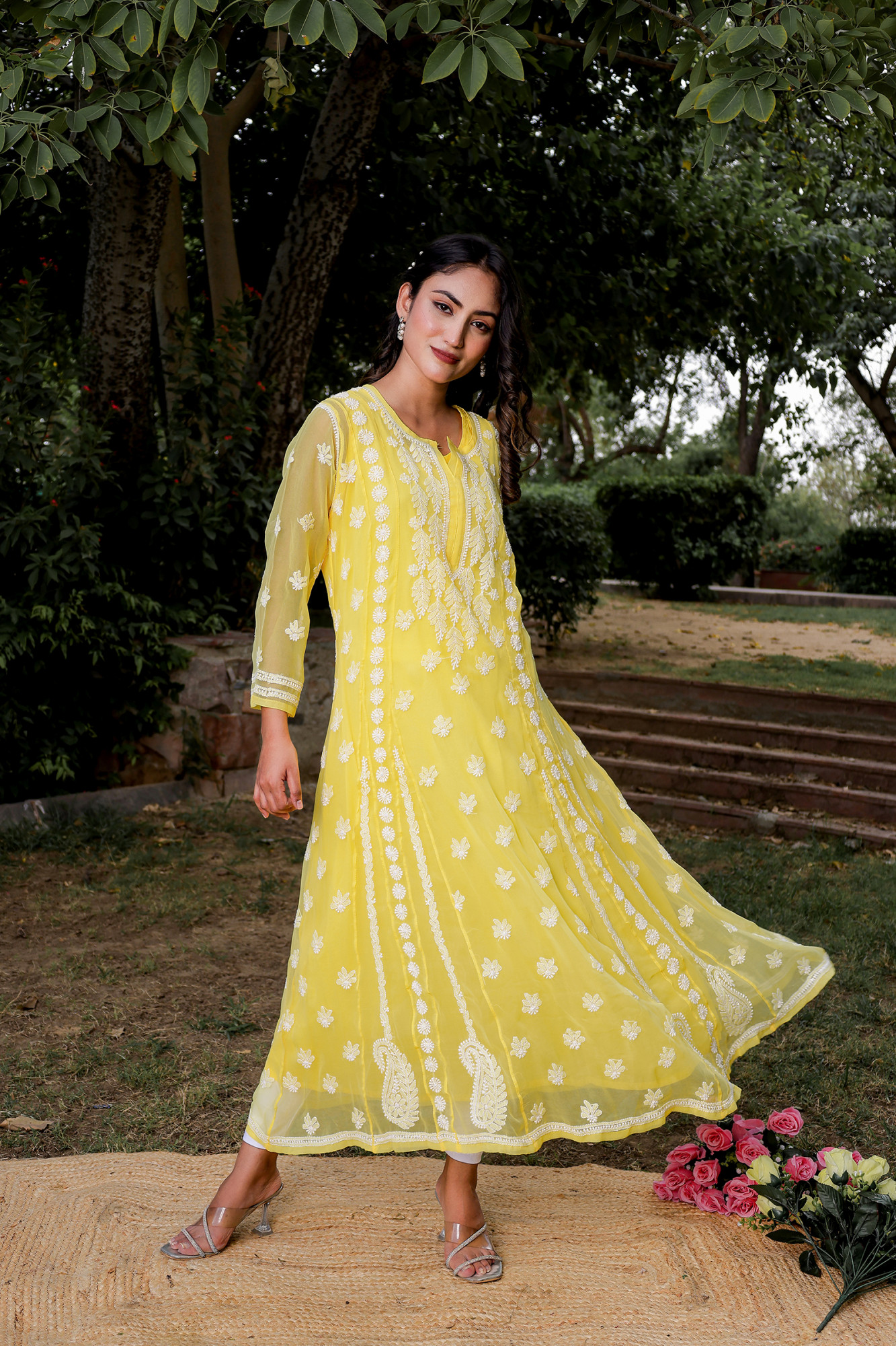Mango Yellow Georgette A line kurta with Front Back Full work