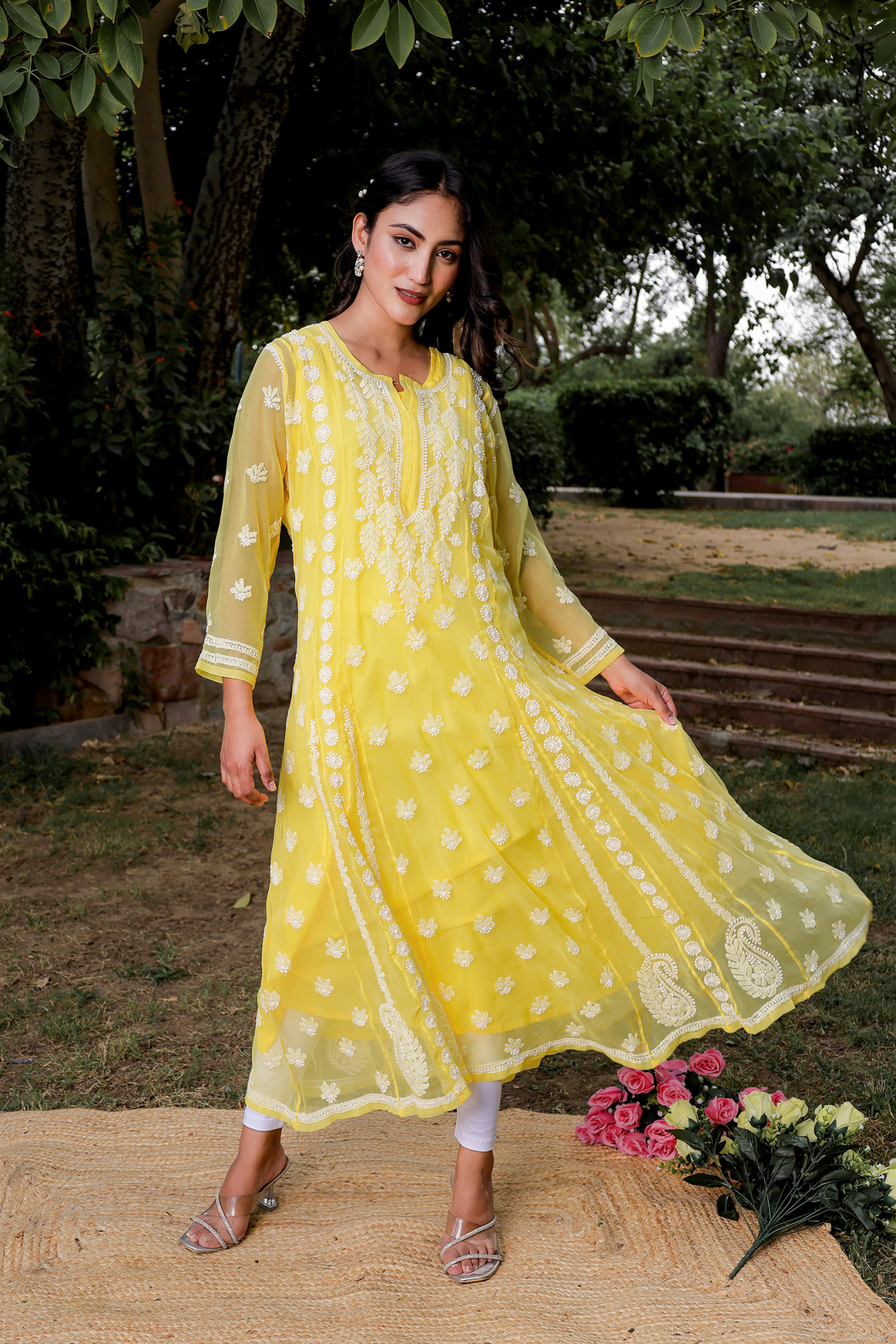 Mango Yellow Georgette A line kurta with Front Back Full work