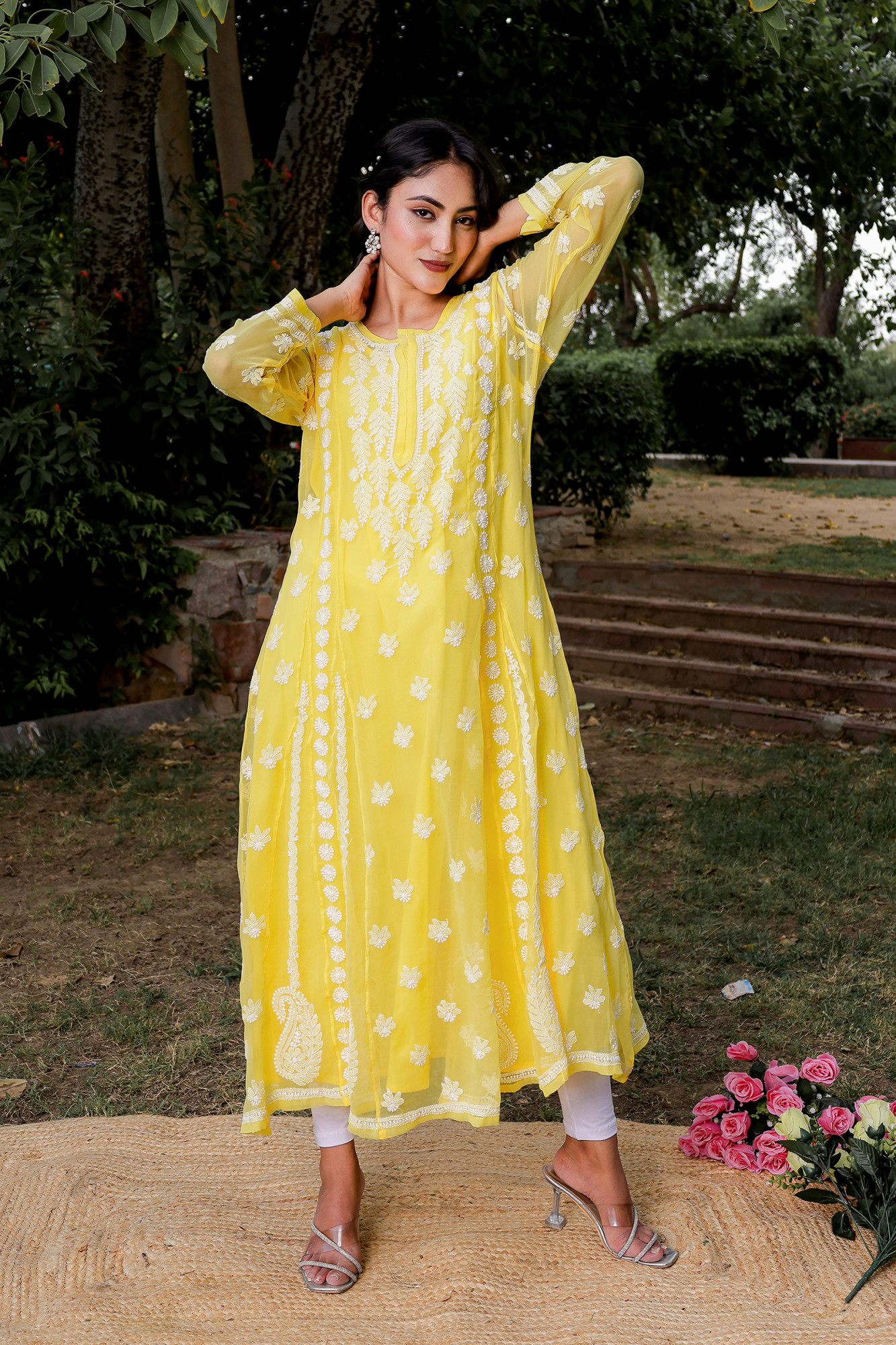 Mango Yellow Georgette A line kurta with Front Back Full work