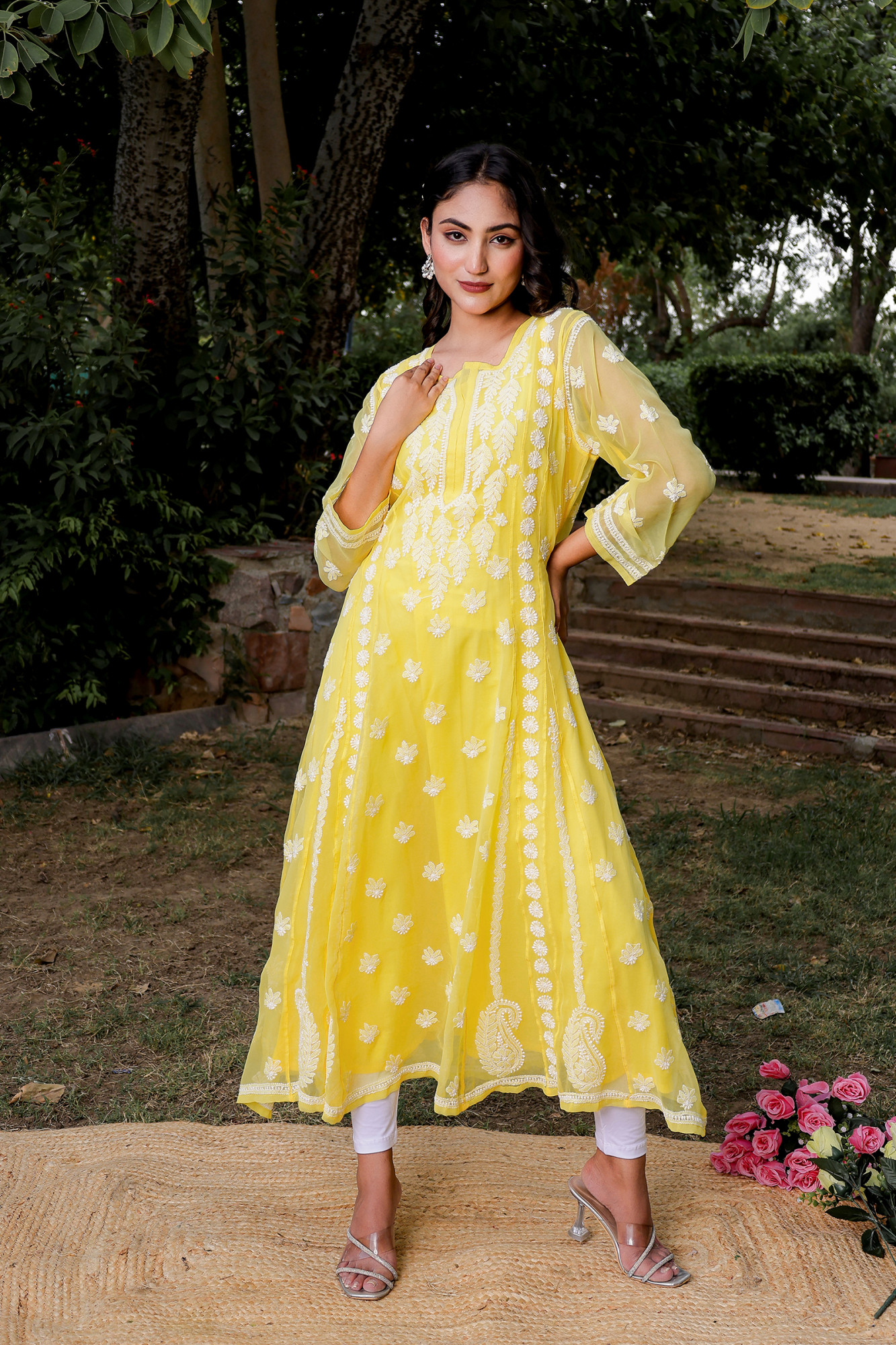 Mango Yellow Georgette A line kurta with Front Back Full work