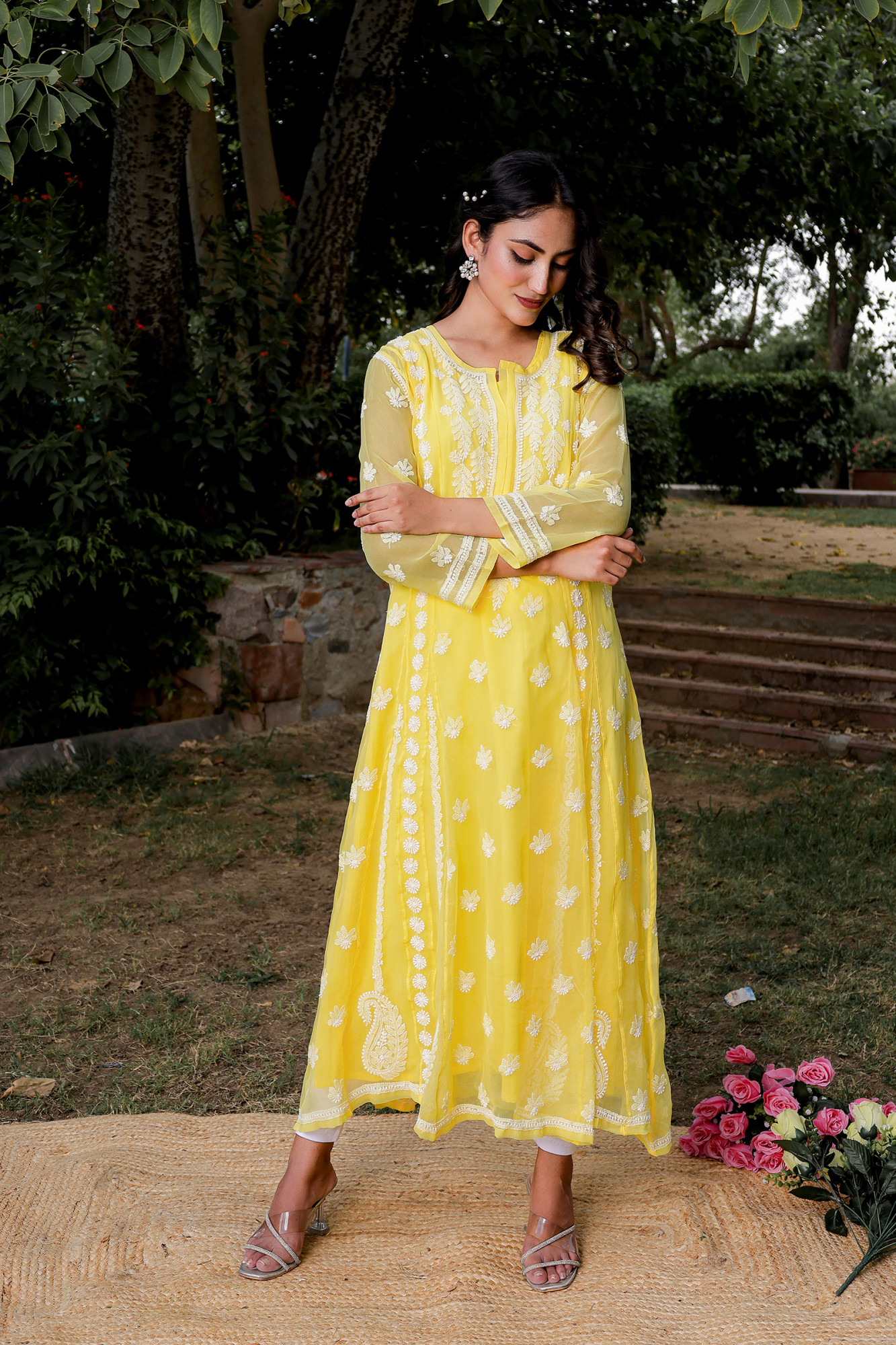 Mango Yellow Georgette A line kurta with Front Back Full work