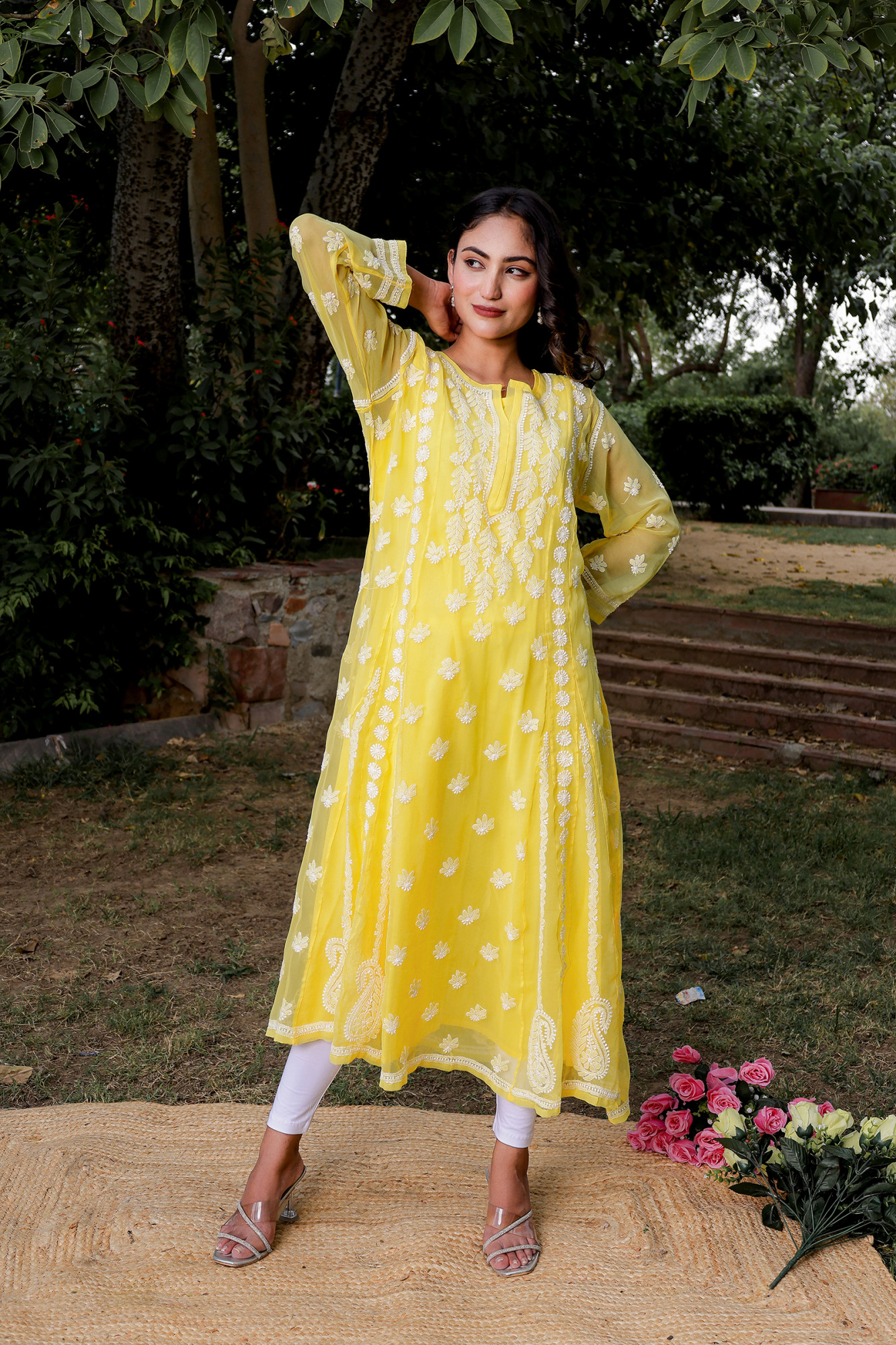 Mango Yellow Georgette A line kurta with Front Back Full work