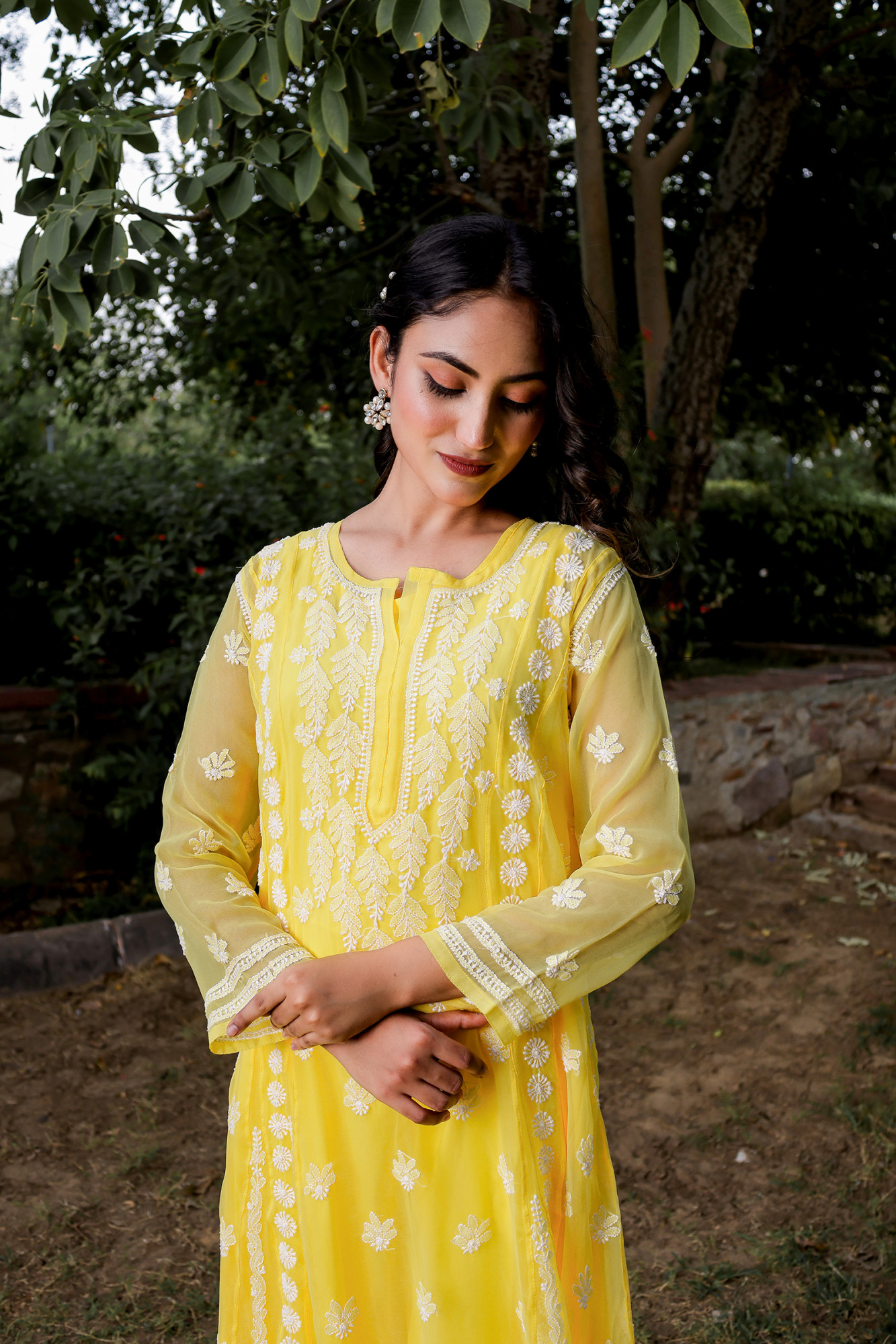 Mango Yellow Georgette A line kurta with Front Back Full work