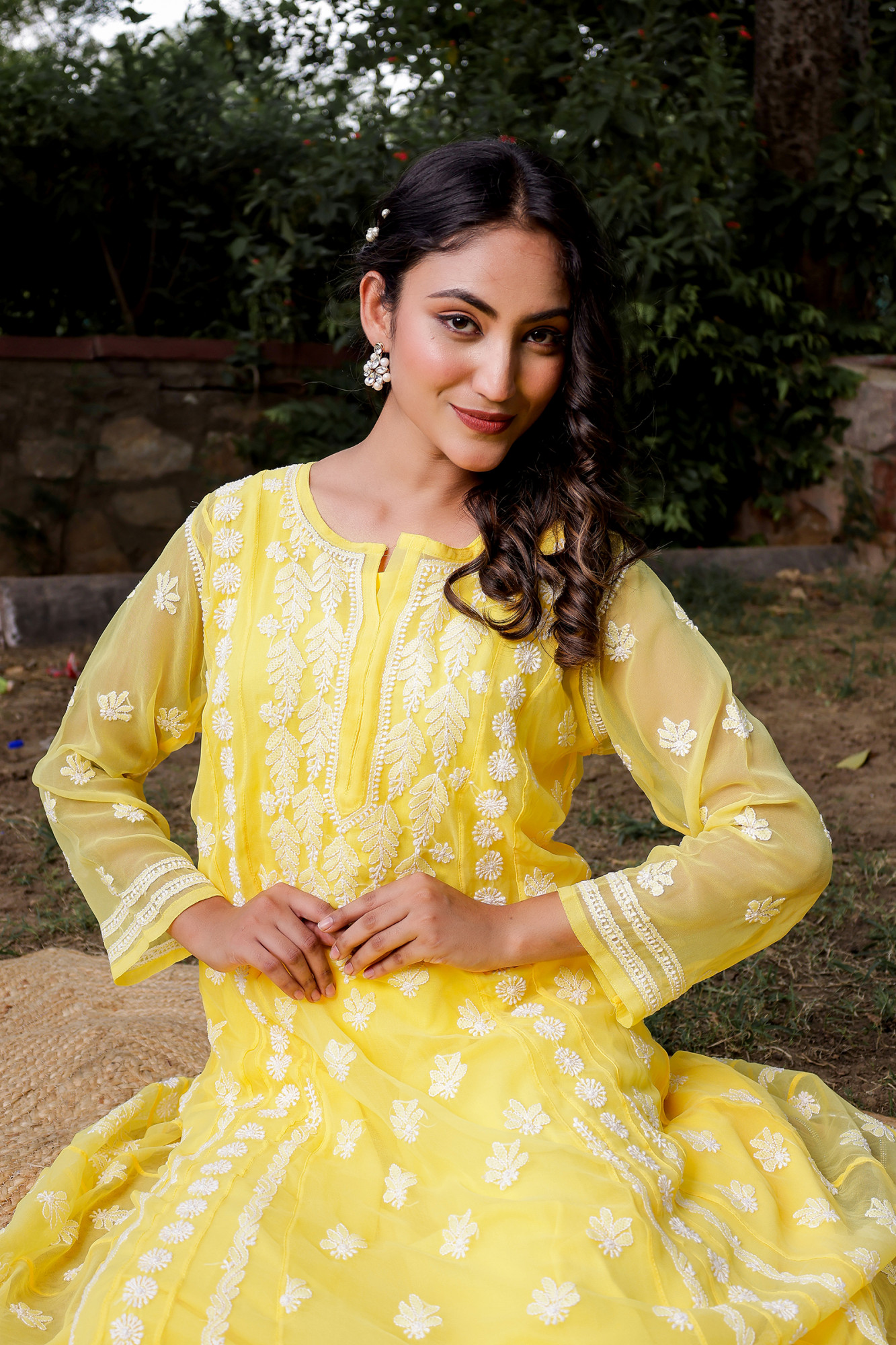 Mango Yellow Georgette A line kurta with Front Back Full work