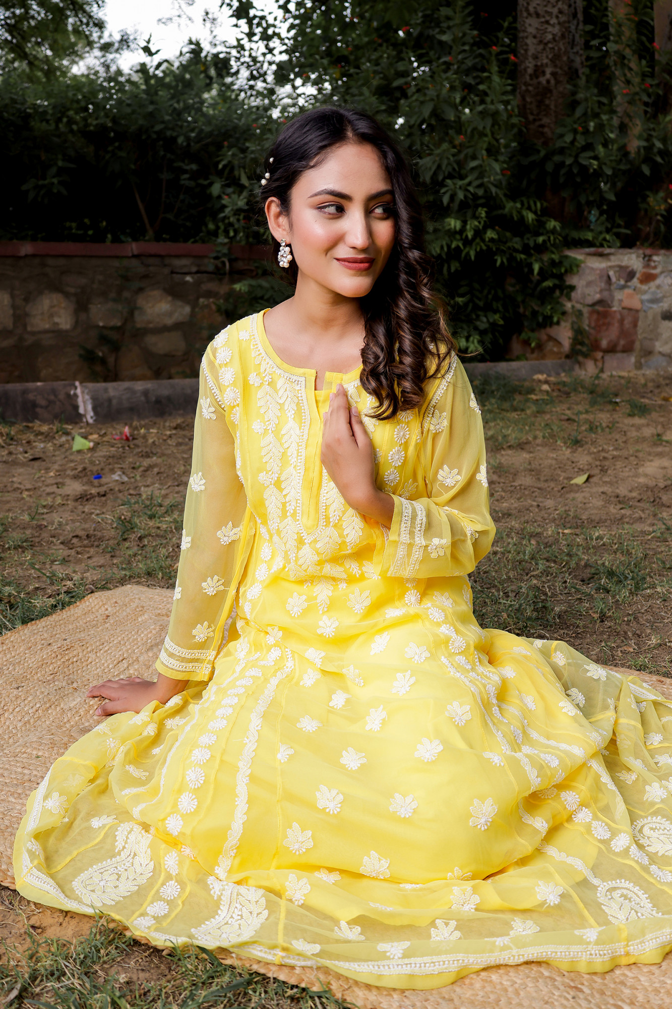 Mango Yellow Georgette A line kurta with Front Back Full work
