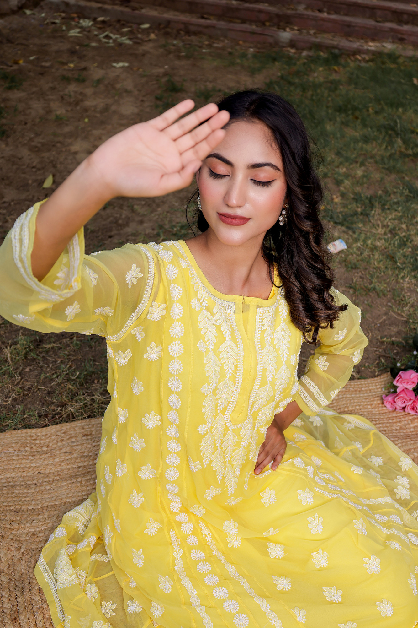Mango Yellow Georgette A line kurta with Front Back Full work