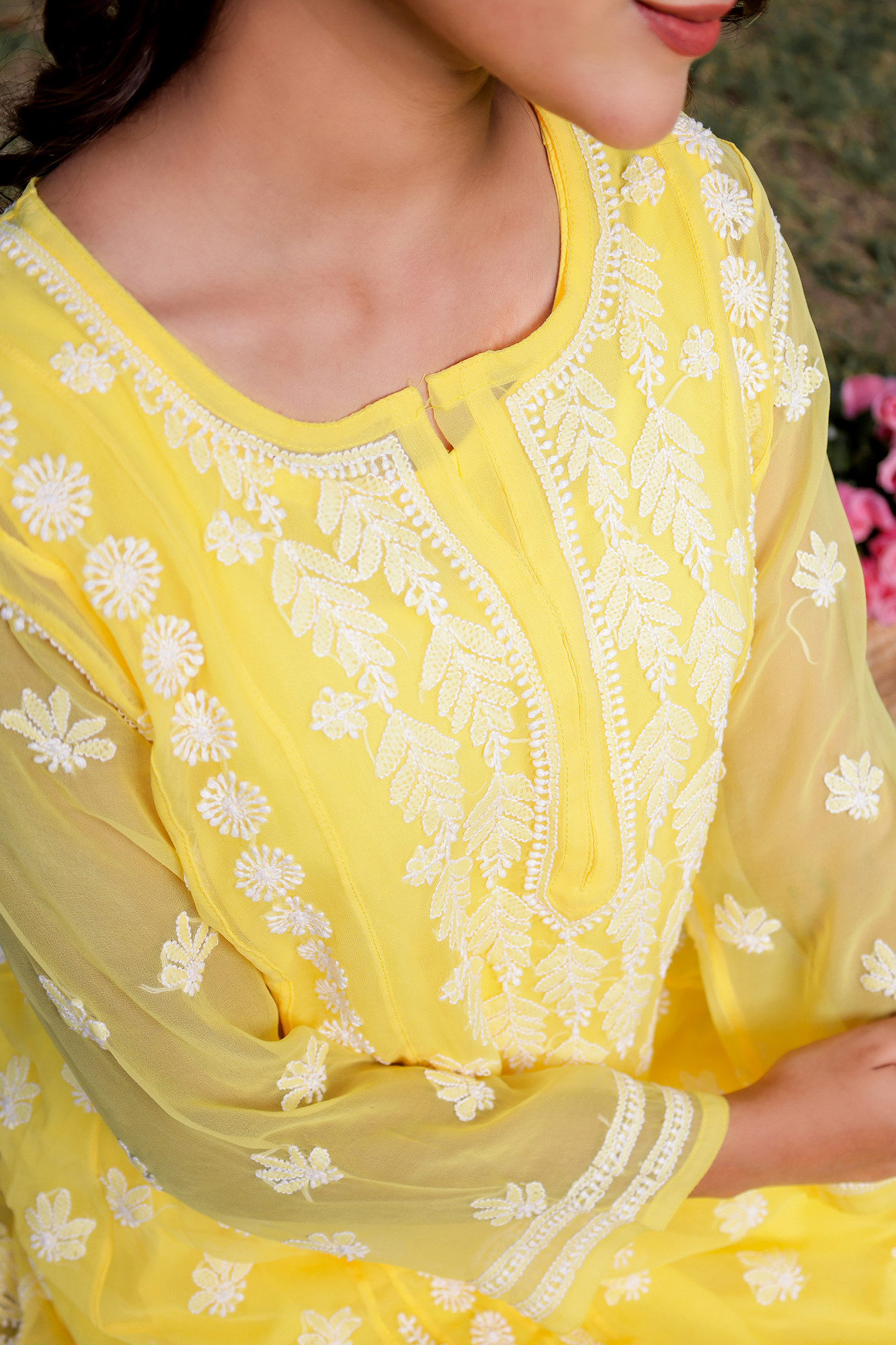 Mango Yellow Georgette A line kurta with Front Back Full work
