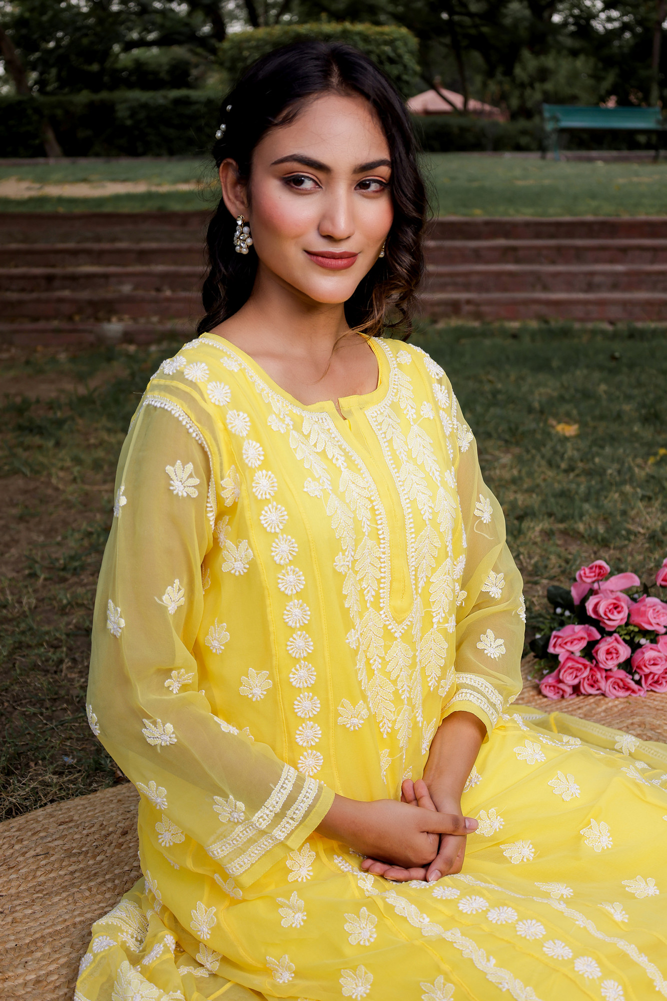 Mango Yellow Georgette A line kurta with Front Back Full work