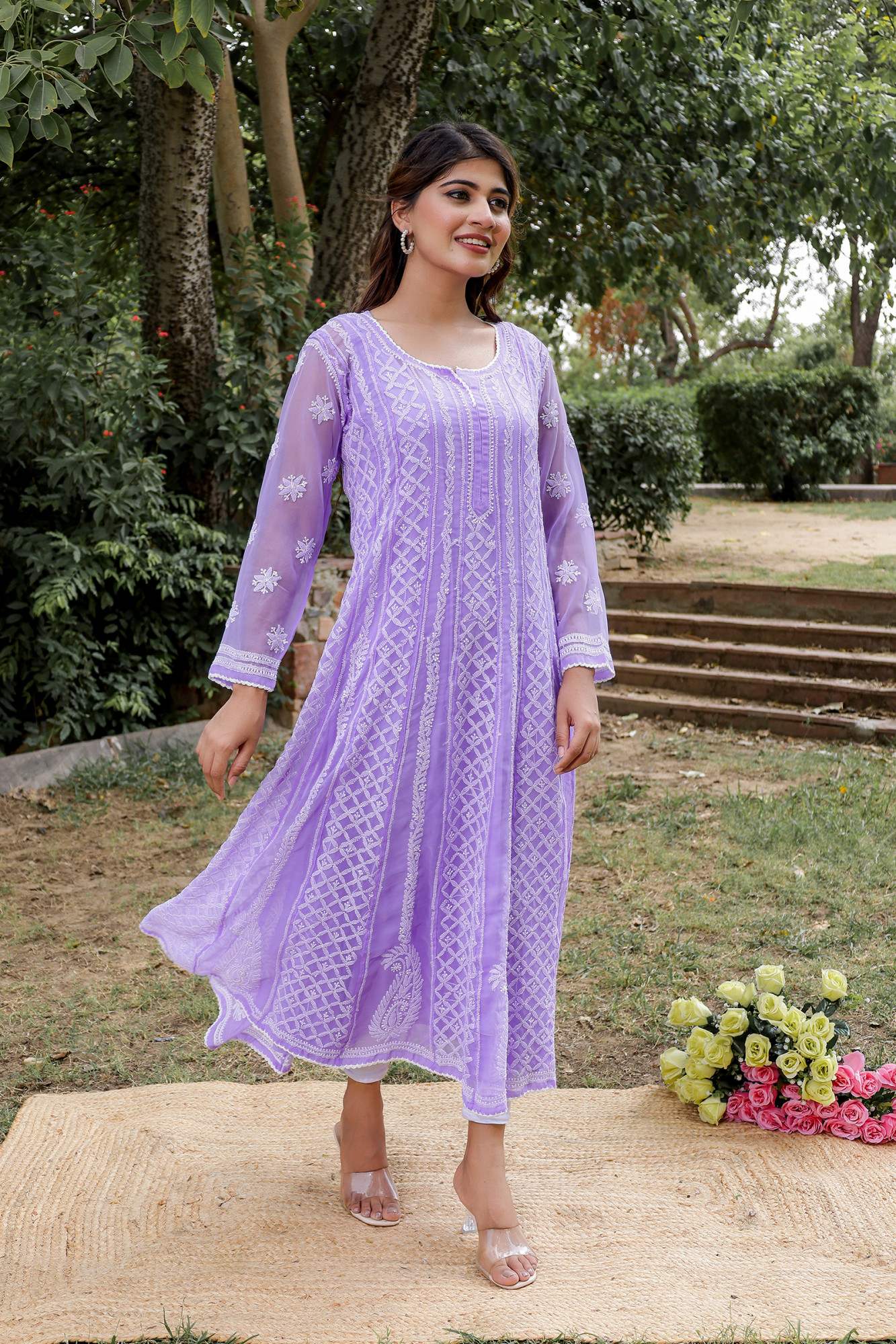 Purple color Semi Georgette Full Hand embroidered Anarkali