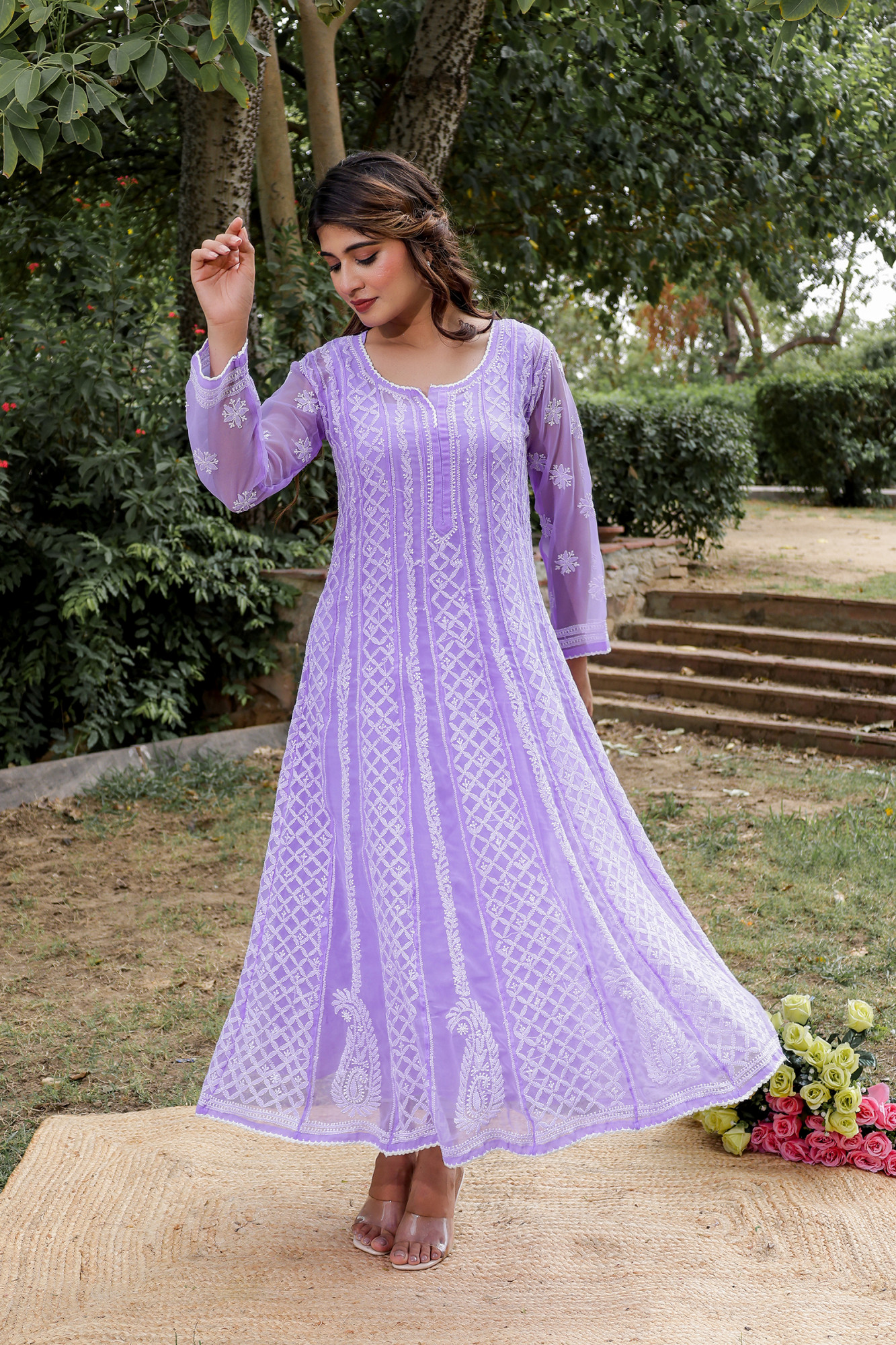 Purple color Semi Georgette Full Hand embroidered Anarkali