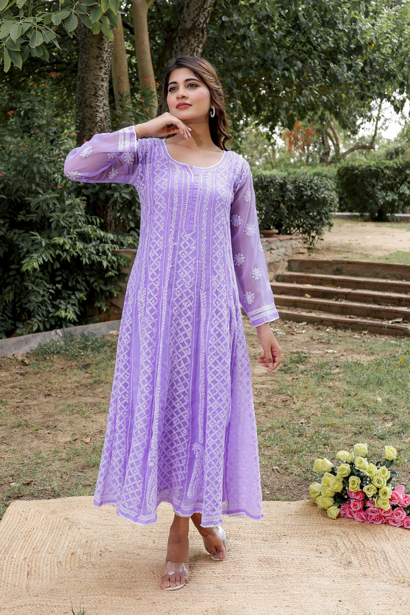 Purple color Semi Georgette Full Hand embroidered Anarkali