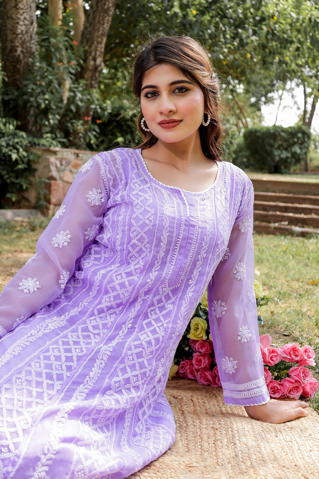 Purple color Semi Georgette Full Hand embroidered Anarkali