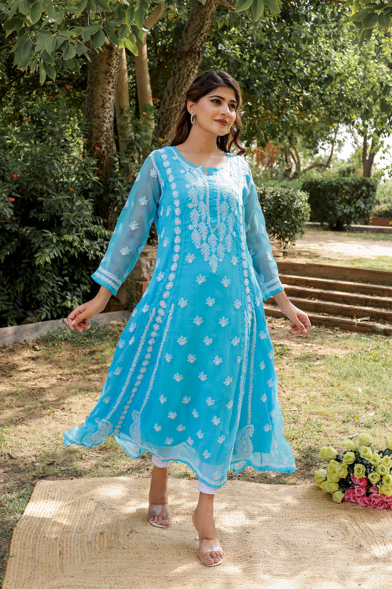 Firozi blue georgette A line Kurta with Front back full hand work