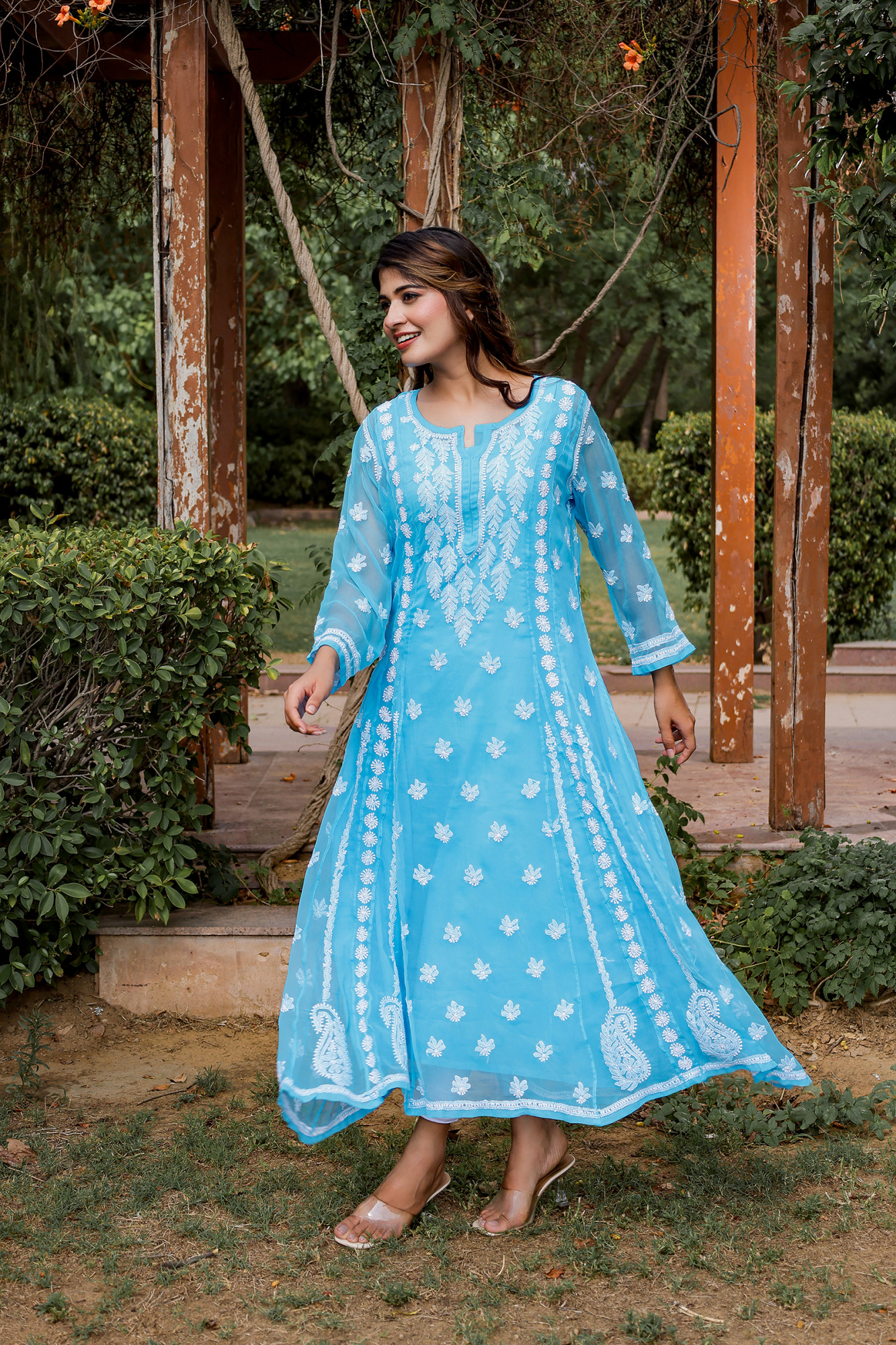 Firozi blue georgette A line Kurta with Front back full hand work