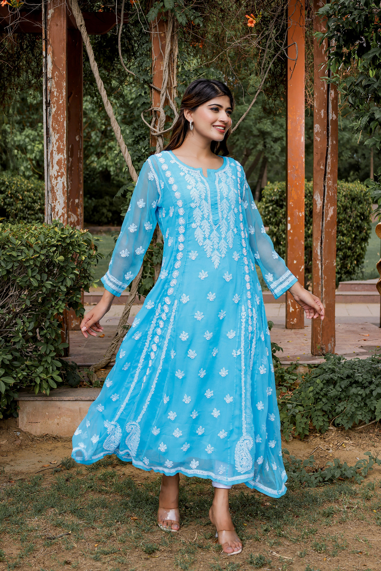 Firozi blue georgette A line Kurta with Front back full hand work