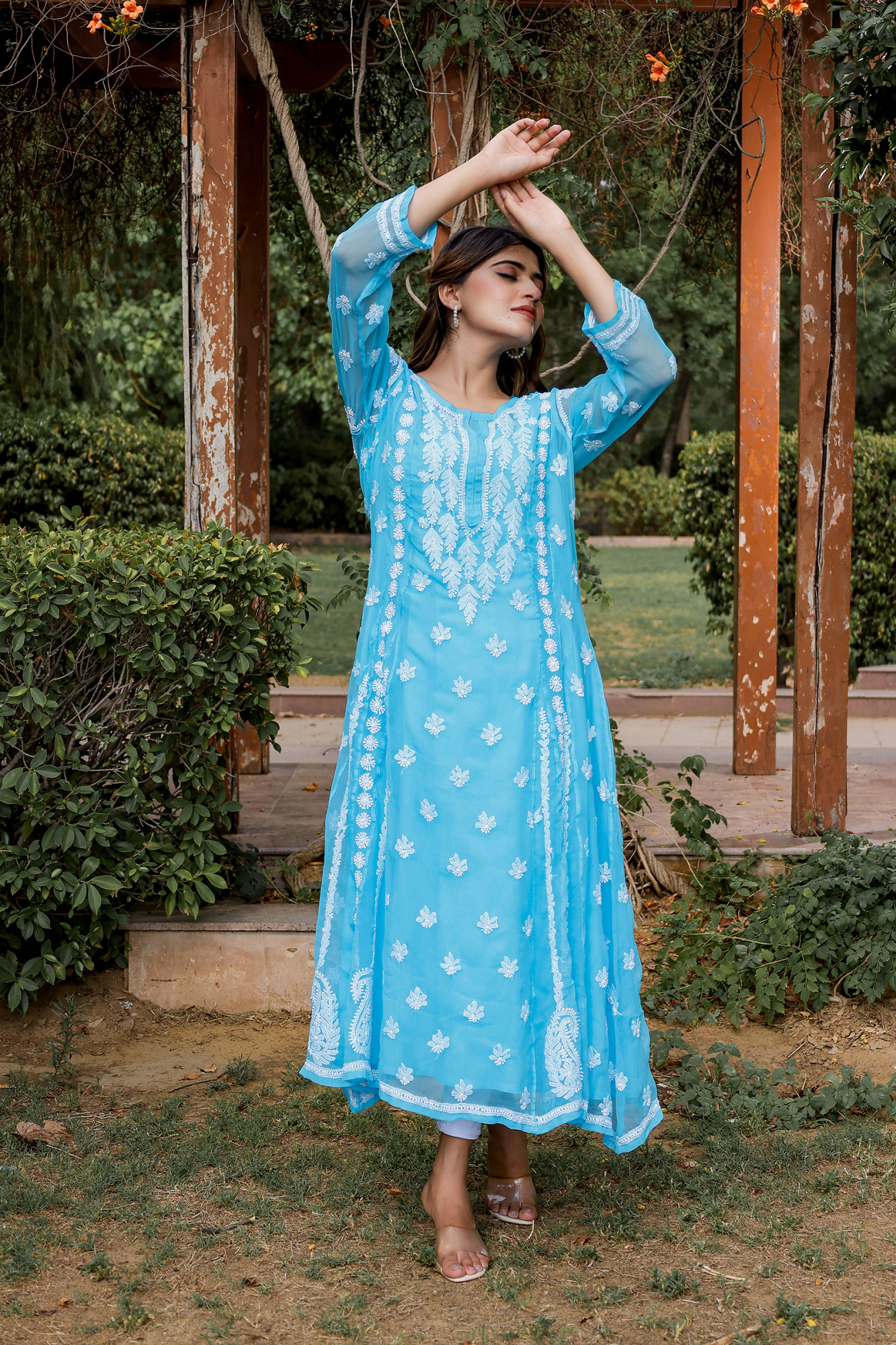 Firozi blue georgette A line Kurta with Front back full hand work