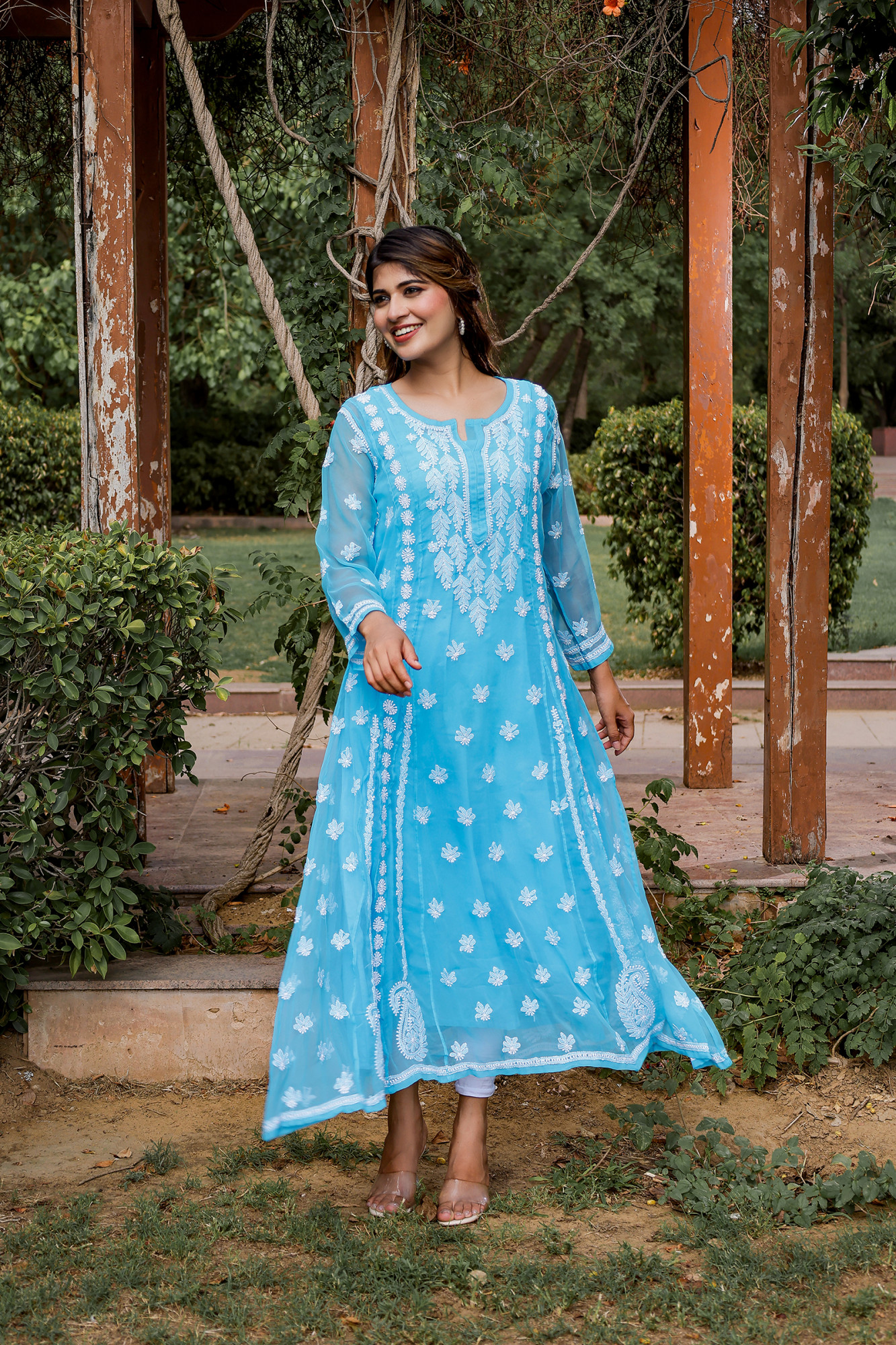 Firozi blue georgette A line Kurta with Front back full hand work